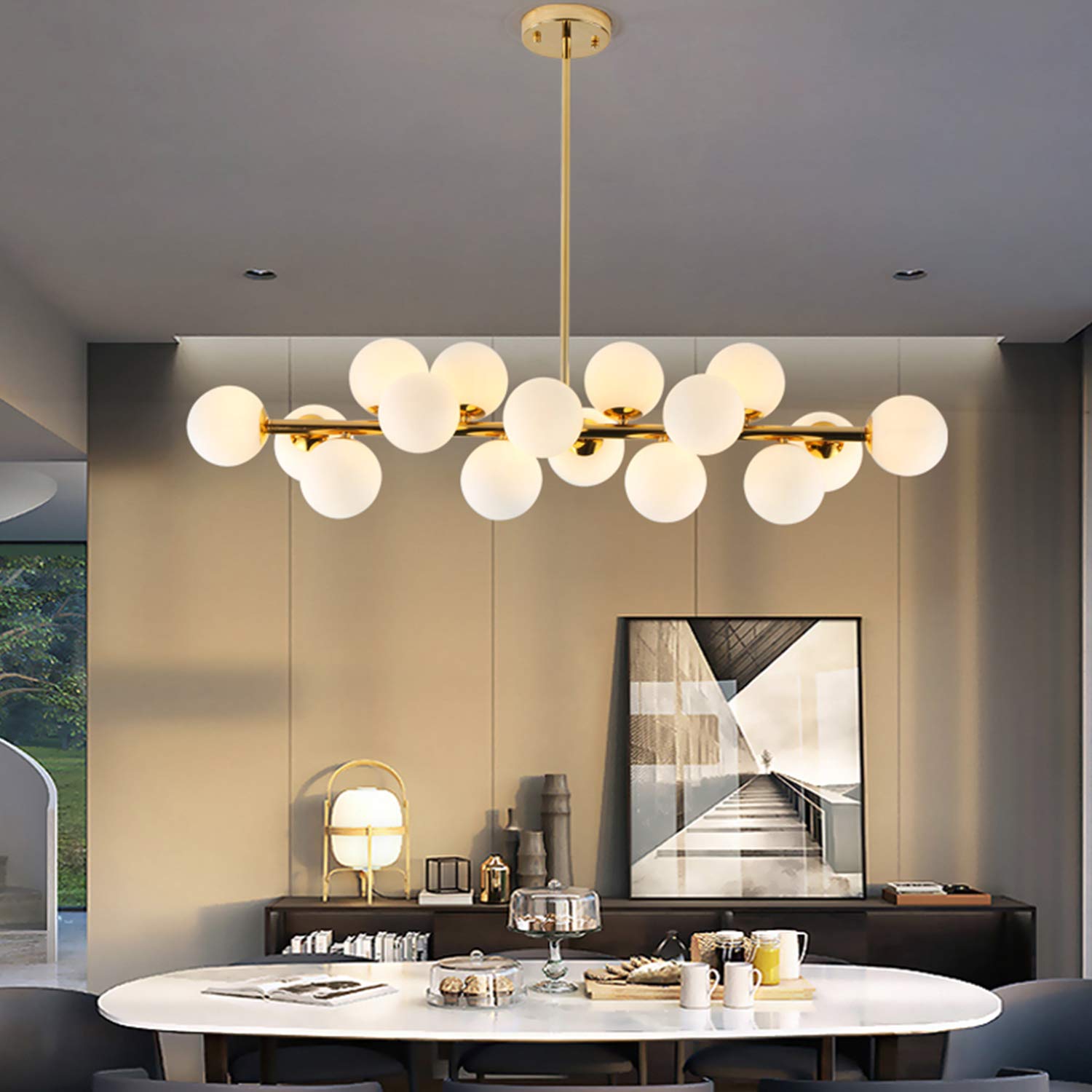 Modern Gold Rectangle Chandelier Pendant Light Fixture for Kitchen Island, Dining Room & Over Table - Milky White Lampshade | Elegant Ceiling Lighting for Home & Restaurant Decor