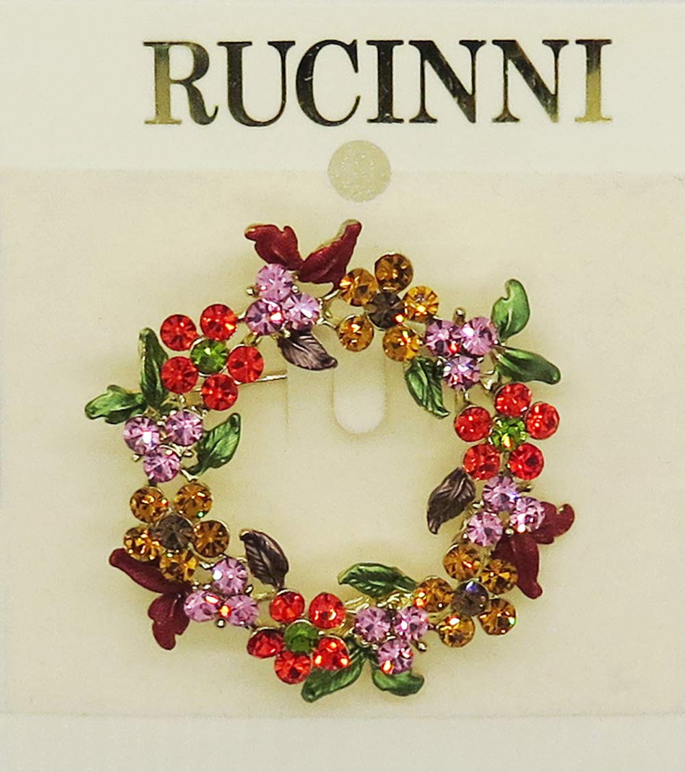 RUCINNI Gold Plated Xmas Wreath Brooch with Preciosa Crystals - Perfect for Holiday Parties & Gifts
