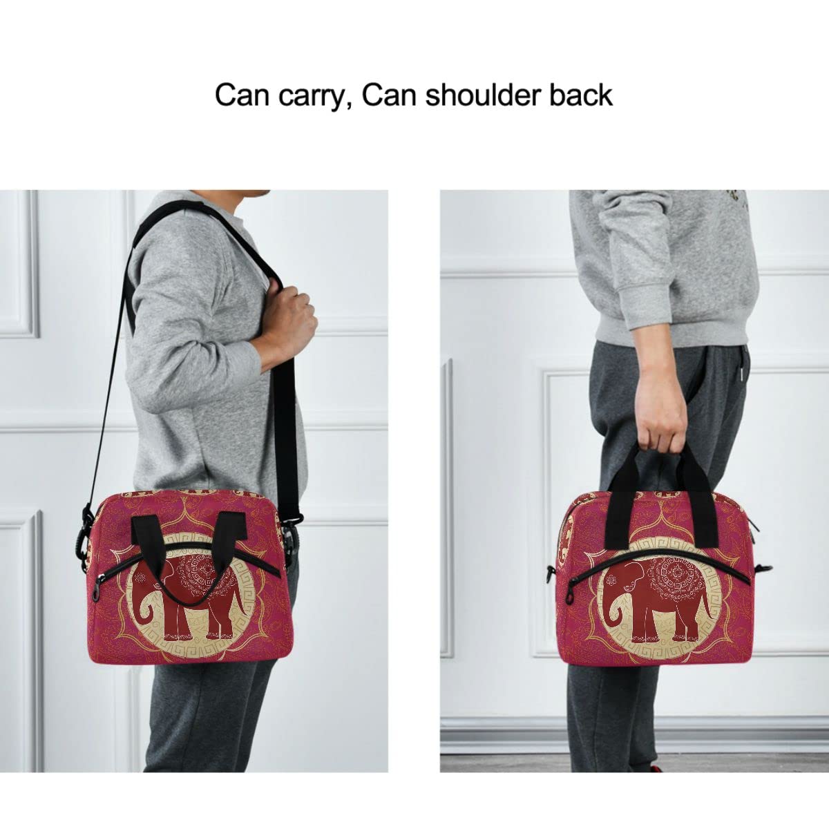 **MNSRUU Insulated Lunch Bag with Indian Elephant & Mandala Design - Reusable Leakproof Lunch Tote for Men & Women - Perfect for Work, School, Picnics & Outdoor Activities**
