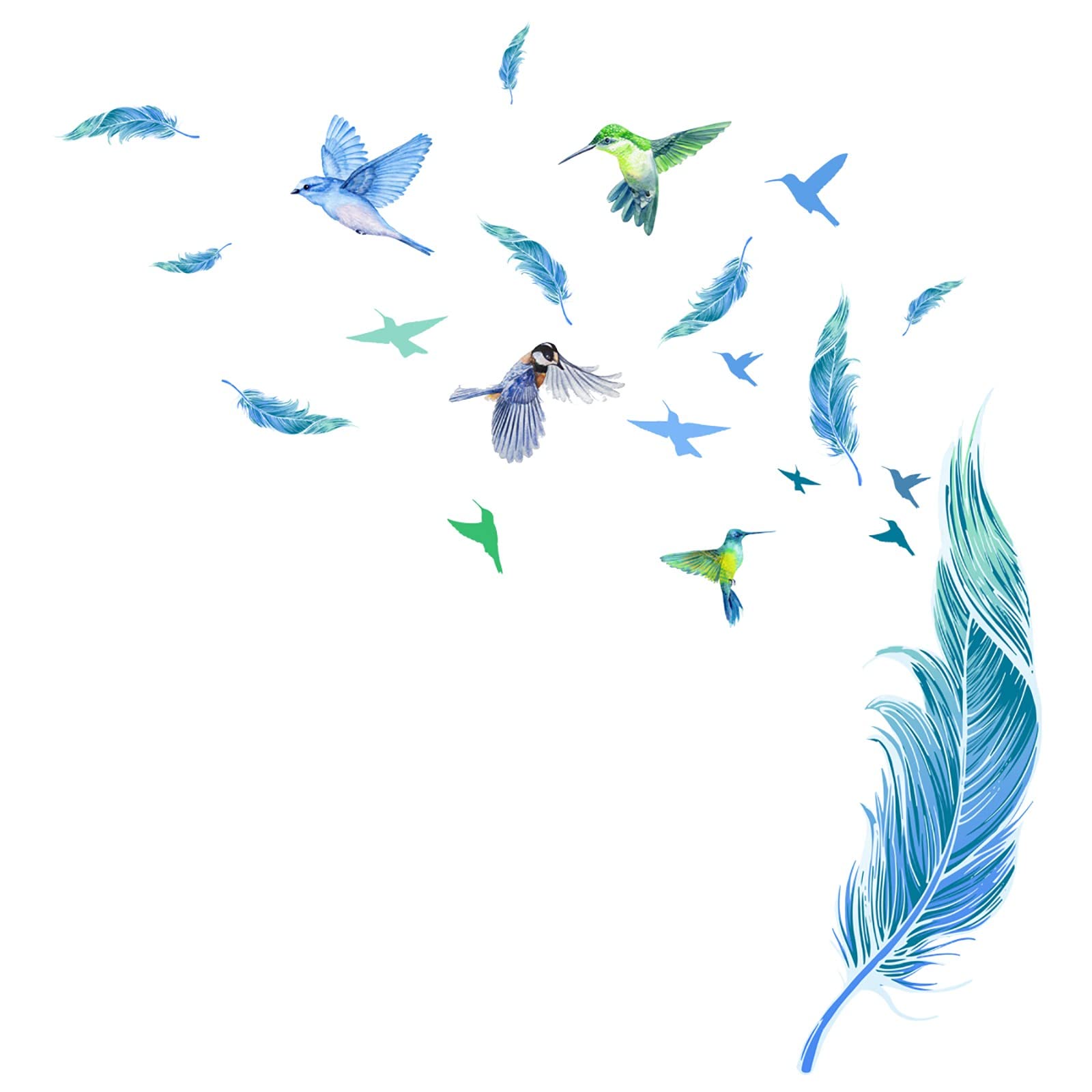 Creative Blue Feather Wall Mural Decal - Bird Feather Window & Wall Decor for Living Room, Bedroom, Nursery, and Office Spaces