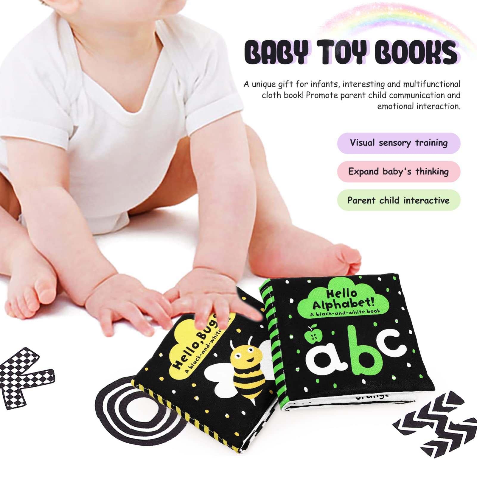Toyvian 2 Pack Black & White High Contrast Baby Soft Cloth Books - Crinkle Sensory Activity for Early Learning (0-12 Months) | Perfect Newborn Educational Toys for Boys & Girls | Great for Tummy Time & Nursery Play