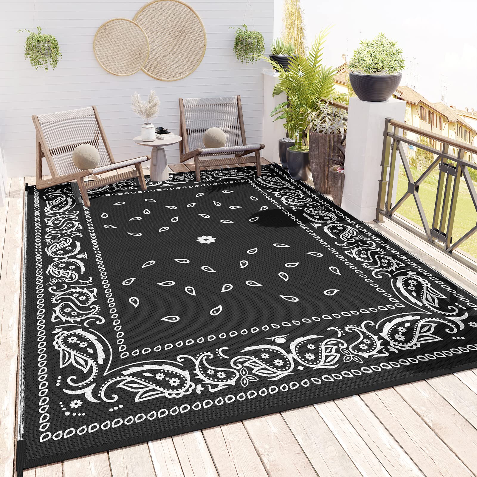 Tchdio 6x9ft Waterproof Outdoor Rug - Reversible Paisley Pattern Patio Mat for RV, Camping, Picnic & Home Decor - Portable Plastic Straw Carpet for Indoor/Outdoor Use (Black) - Perfect for Backyard, Deck, Poolside & Garden Parties