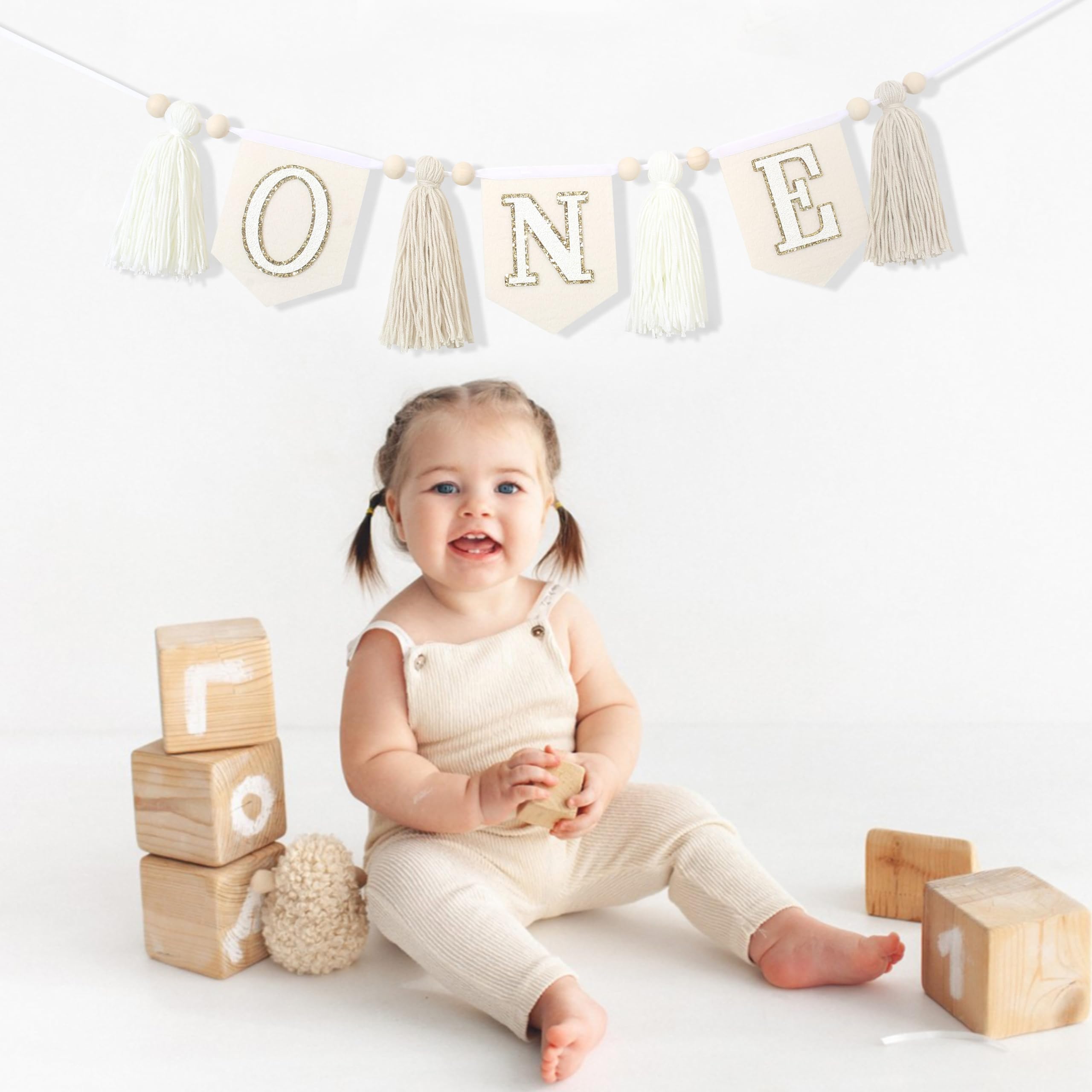 Boho Creamy White Tassel Banner for 1st Birthday - Wood Bead Garland, High Chair Decoration & Nursery Wall Hanging | Perfect for Baby's First Birthday Party, Nursery Decor and Photo Backdrops