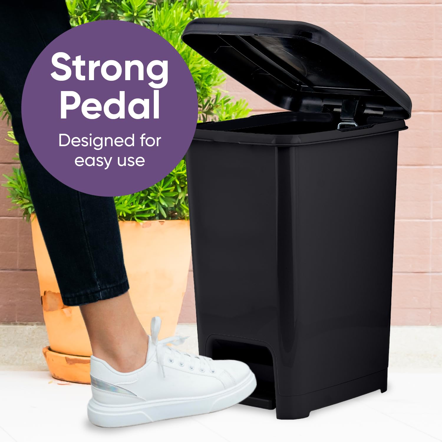 Superio 10.5 Gallon Slim Step-On Trash Can with Lid - Black Plastic Garbage Bin for Kitchen, Bathroom, Office, Bedroom, Dorm & Patio - Hands-Free Foot Pedal Design for Easy Disposal & Odor Control