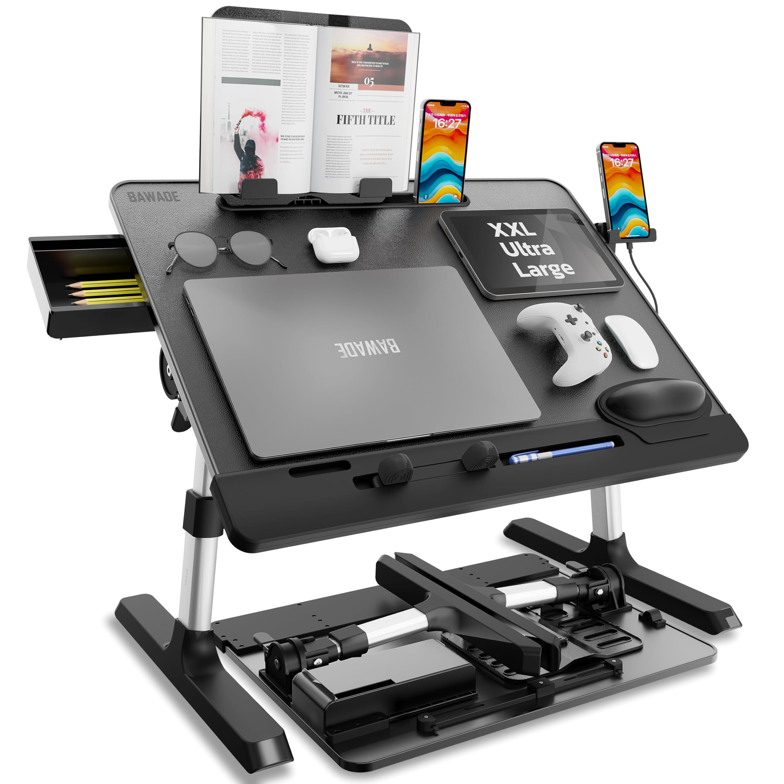 Adjustable Laptop Desk for Bed - XL Portable Laptop Table with Book Stand, Drawer, Wrist Cushion & Phone Holder - Perfect for Working, Studying, Writing & Eating in Bed or Sofa - Black