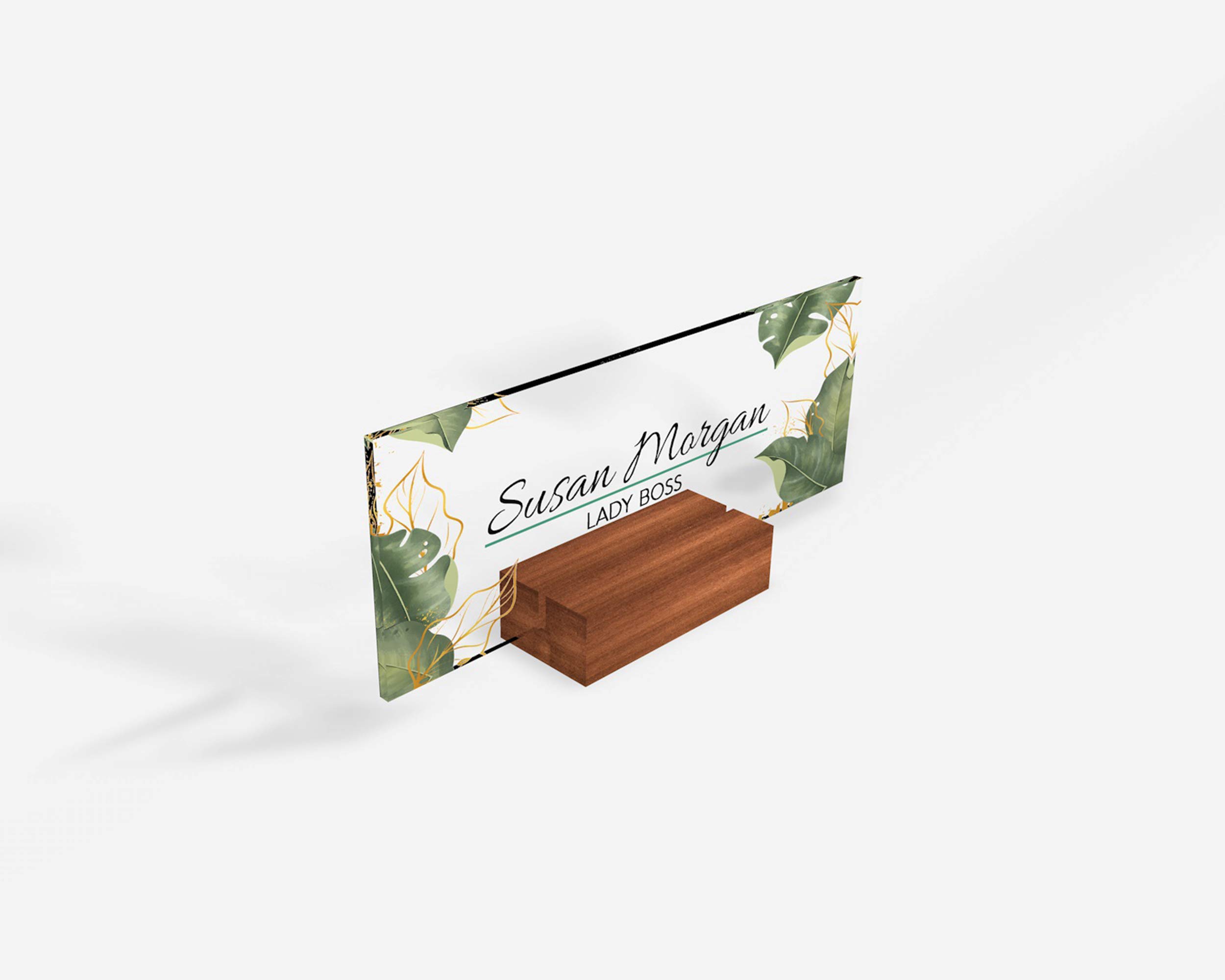 Personalized Desk Name Plate - Modern Office Name Sign with Floral Green Leaves & Metallic Foil - 8