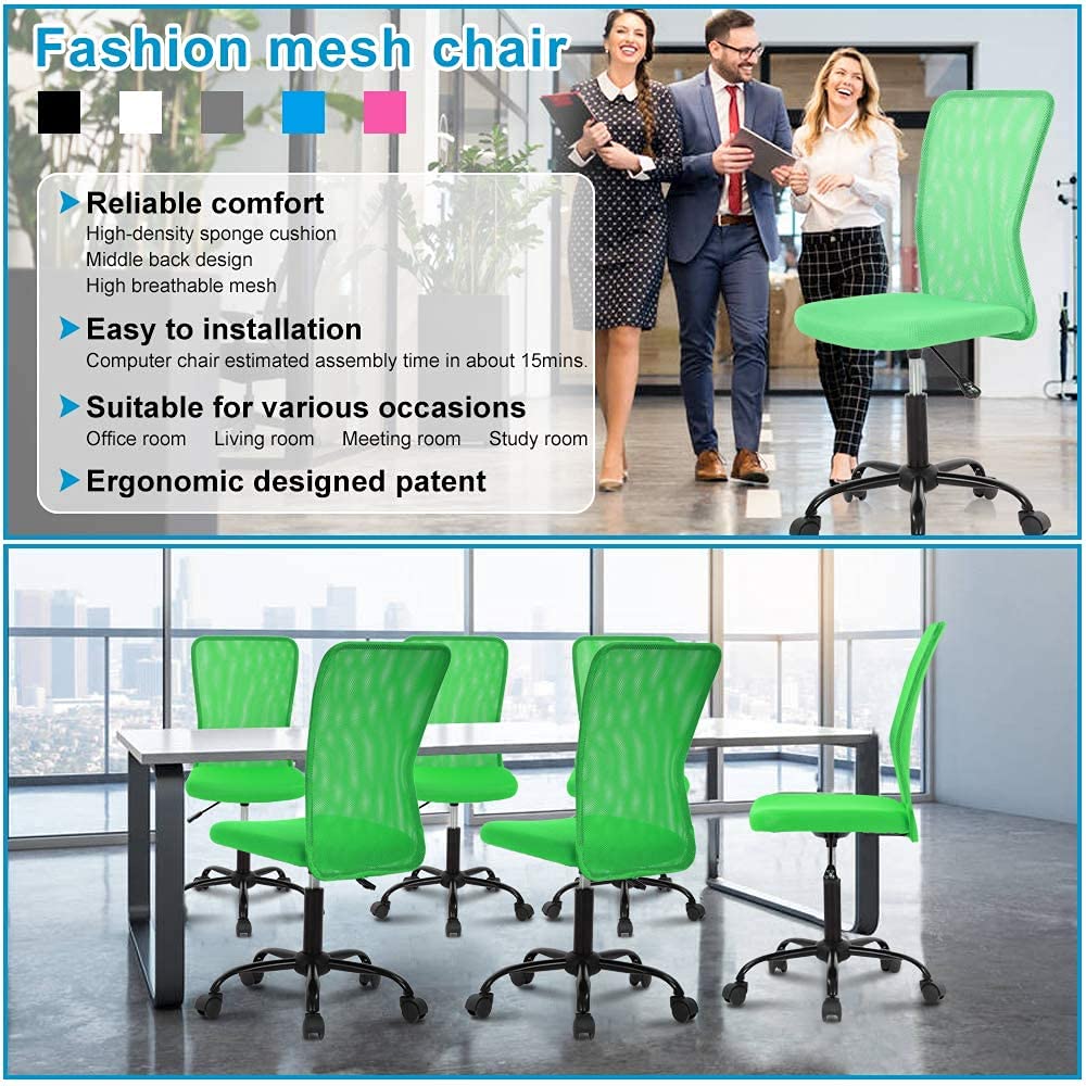 Ergonomic Home Office Chair - Adjustable Height Mesh Computer Desk Chair with Mid Back Support, No Armrest Modern Task Chair for Students & Professionals - Ideal for Small Office, Study Room & Workspace - Green