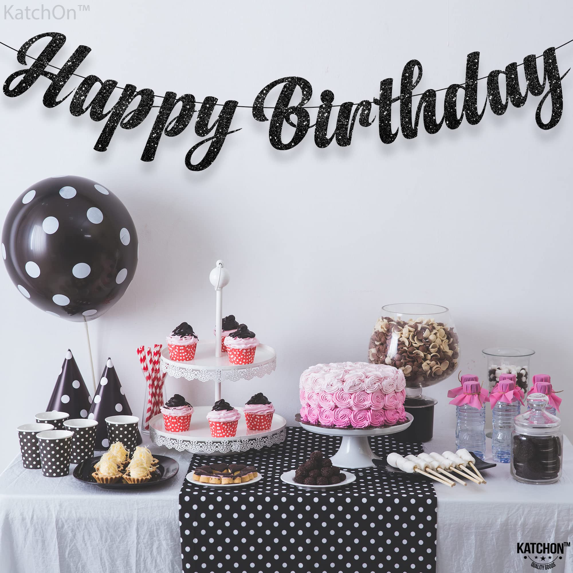 KatchOn Glitter Black Happy Birthday Banner - Pre-Strung 10ft Large Birthday Sign for Men | Gothic Birthday Party Decorations | Perfect for Adult Birthday Parties, Halloween Celebrations & Dark Theme Events