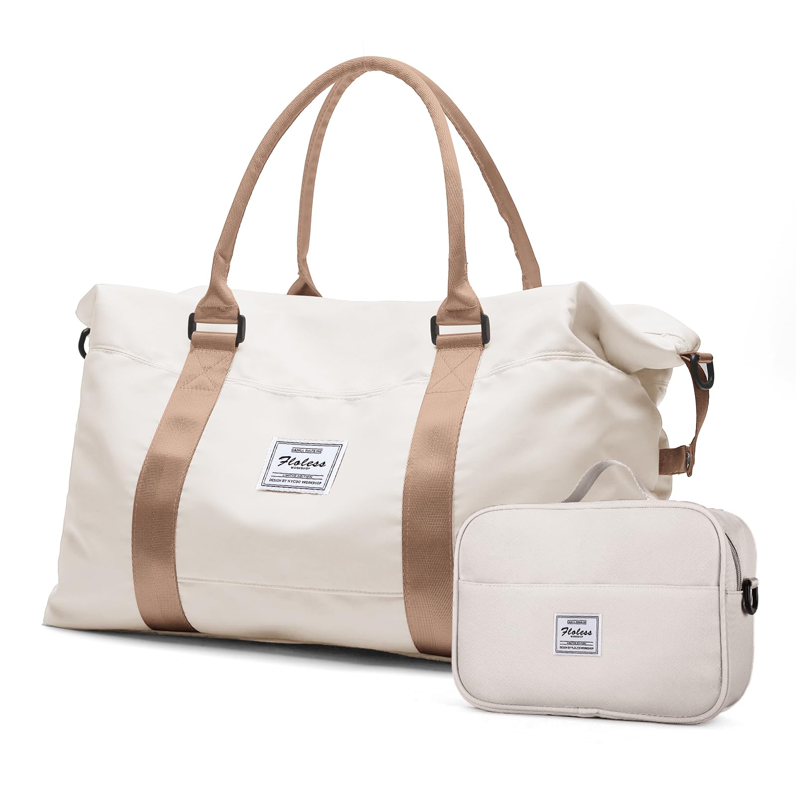 Women's Extra Large Travel Duffel Bag with Toiletry Bag & Wet Pocket - Waterproof Weekender Overnight Bag, Gym Bag, Carry-on Luggage for Travel, Workout, Camping - Beige & Brown