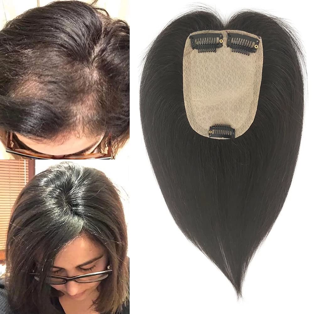 8x12 CM Virgin European Human Hair Toupee for Women - Machine Silk Base Topper Hair Clip for Thinning Hair (Natural Black, 14 inches) - Perfect for Daily Wear, Special Occasions & Hair Volume Enhancement