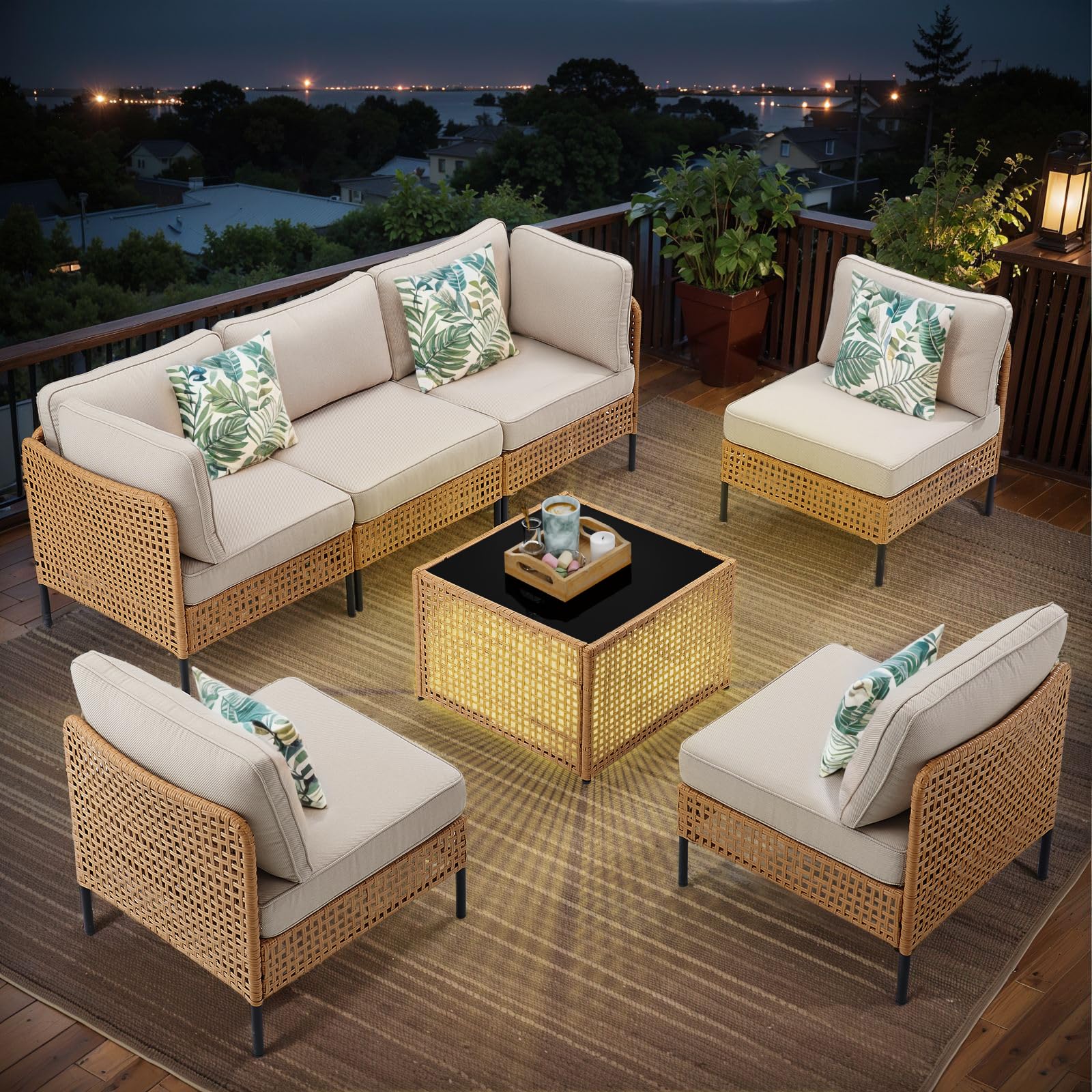 Outdoor Patio Furniture - Wicker Coffee Table with Tempered Glass Top, Square Garden Side Table for Backyard, Poolside & Balcony Use