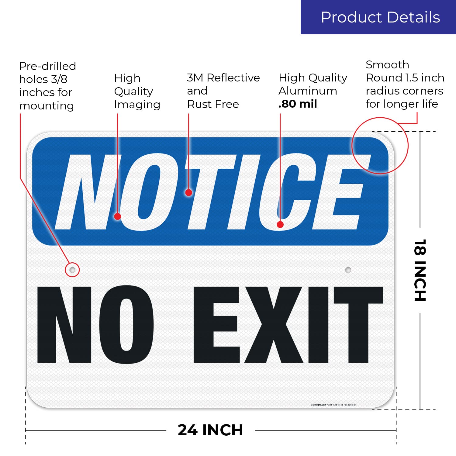 No Exit Sign - OSHA Compliant 18x24 Inch Reflective Aluminum Safety Sign | 3M EGP .080 Thick | Fade Resistant for Indoor & Outdoor Use | Made in USA | Perfect for Warehouses, Factories & Emergency Exits