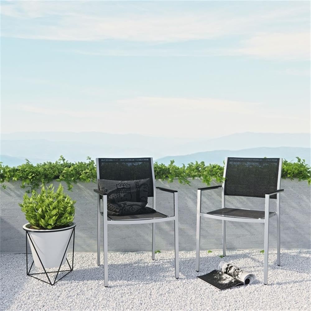 Pemberly Row 18 Inch Modern Aluminum Outdoor Dining Chairs - Silver & Black Patio Furniture Set of 2 - Perfect for Backyard, Garden, Poolside & Restaurant Outdoor Seating