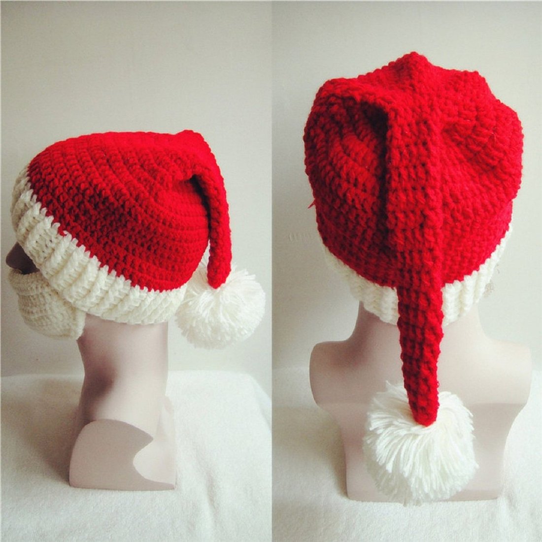 Kafeimali Unisex Christmas Winter Knitted Beanie Santa Hat with Beard - Warm Fleece Lined Bearded Cap for Holiday Parties & Outdoor Activities