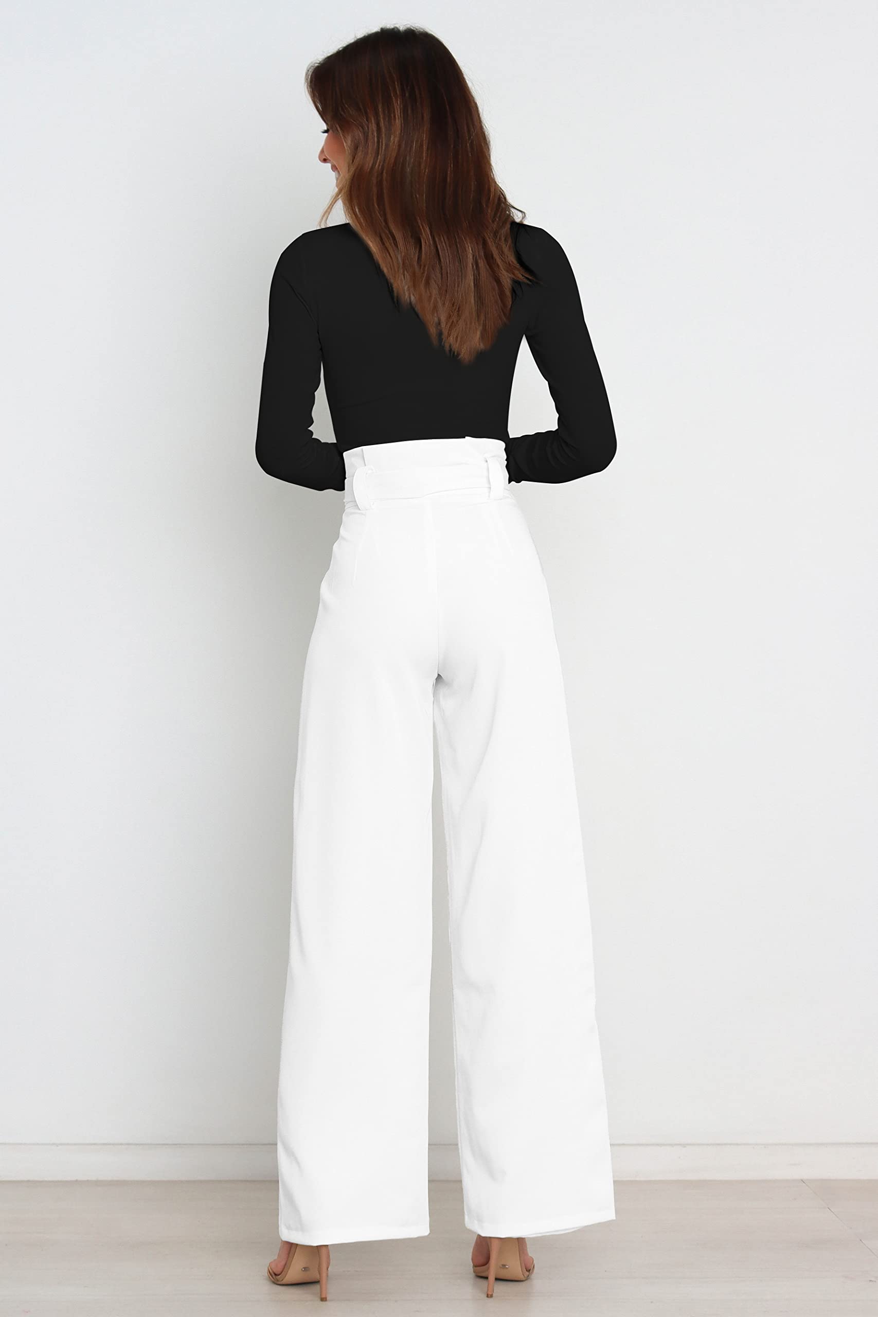 Women's High Waisted Wide Leg Palazzo Pants - Casual Belted Dress Pants for Work, Office & Travel - Comfortable Stretch Trousers for Everyday Wear
