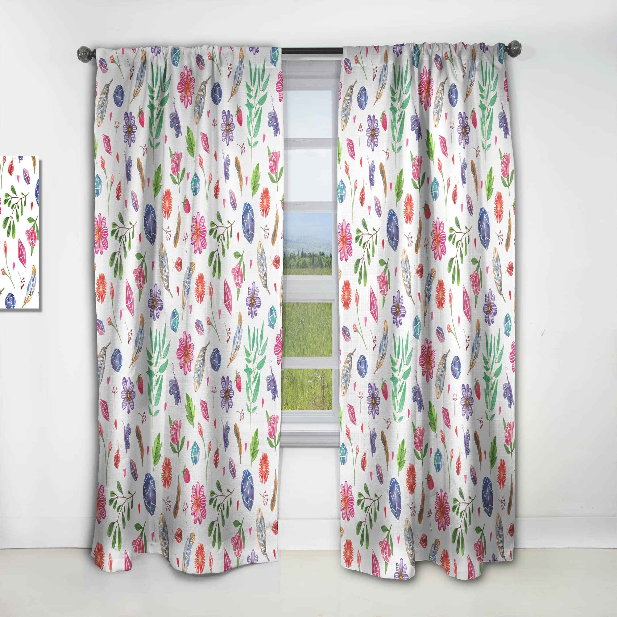 DesignQ Thermal Insulated Curtains - Herbal, Gemstone, Floral & Feather Print Single Panel (52x63) for Bedroom & Living Room - Blackout Drapes for Home Decor & Privacy