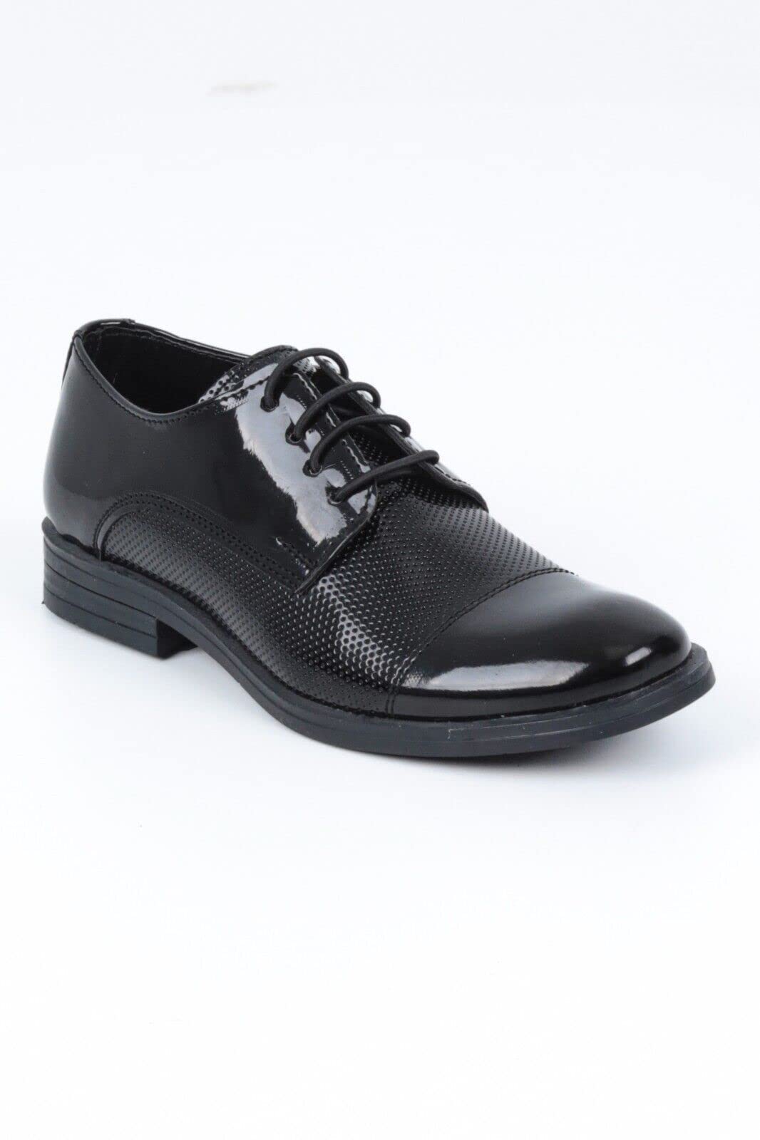 Boys' Black Patent Leather Dress Shoes with Dotted Design - Formal Lace-Up Derby Shoes for Wedding, Prom, Church & Special Occasions