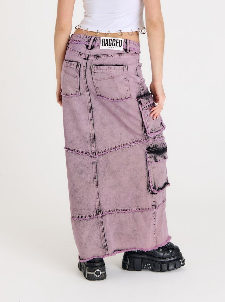 Vortex Denim Combat Maxi Skirt for Women - High Waisted Stretch Denim Long Skirt with Pockets - Perfect for Casual Outfits, Streetwear & Boho Fashion