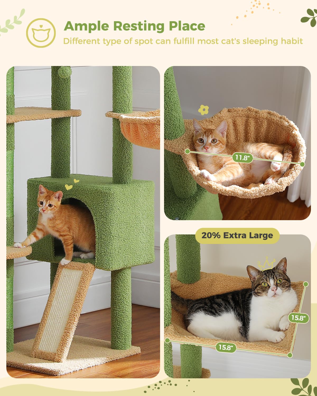 PAWZ Road 7.5ft Adjustable Cat Tree with Hammock, Condo & Toys - Multi-Level Cat Tower with Scratching Posts for Indoor Cats - Perfect for Small Spaces & Multi-Cat Homes (Green)