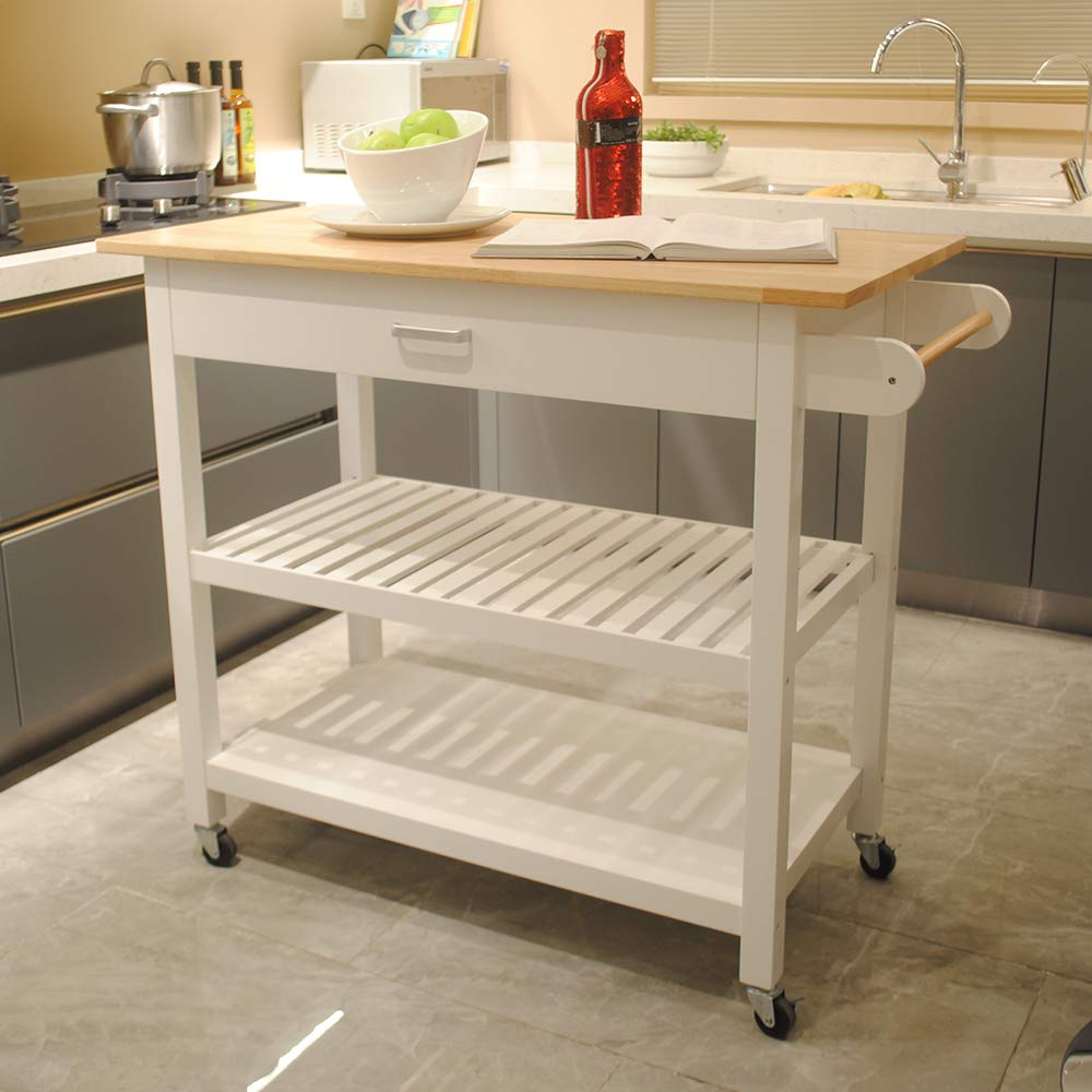 Goujxcy White Kitchen Island on Wheels with Storage, Rolling Kitchen Cart with Lockable Casters, Adjustable Shelves, Drawers & Cabinets - Perfect for Small Kitchens, Dining Rooms & Home Office Spaces