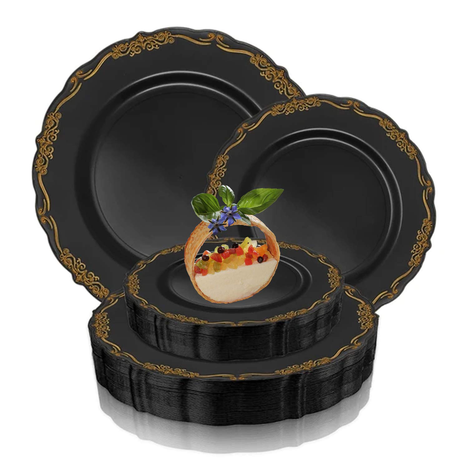 Elegant Disposable Plastic Plates 240 Pcs - 120 Heavy Duty 10 Inch Black with Gold Vintage Dinner Plates & 120 Fancy 7.5 Inch Dessert Cake Appetizer Plates - Premium Party Supplies for Wedding, Birthday, Anniversary, Baby Shower, Catering and Special Events