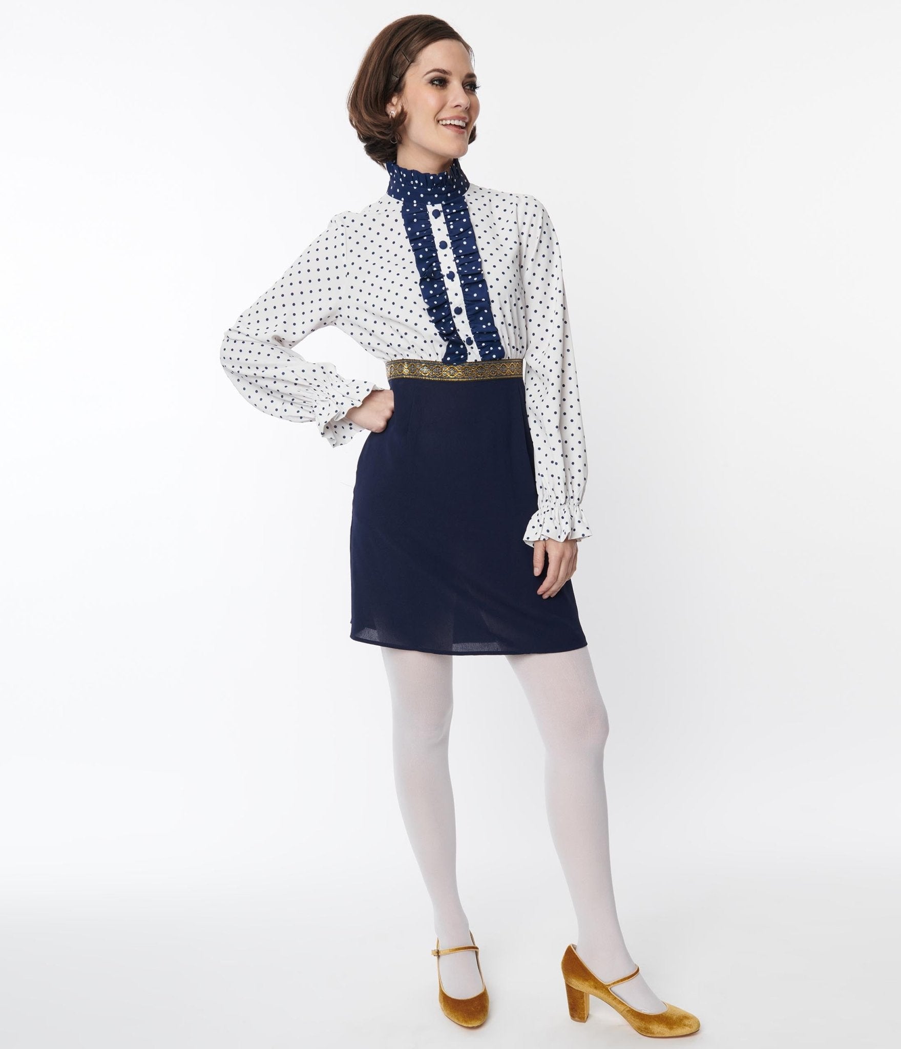 Smak Parlour White & Navy Ruffle Neck Empire A-Line Dress for Women | Elegant Summer Cocktail Party & Wedding Guest Outfit