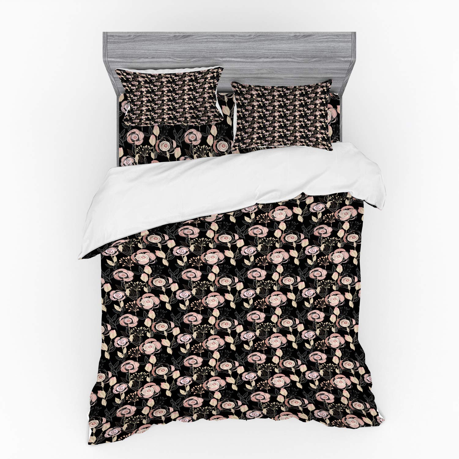 Ambesonne Floral Bedding Set Queen Size - 4 Piece Duvet Cover with Shams & Fitted Sheet, Hand-Painted Victorian Flower & Blooming Leaf Design in Grey Blush - Perfect for Master Bedroom, Guest Room & Cozy Home Decor