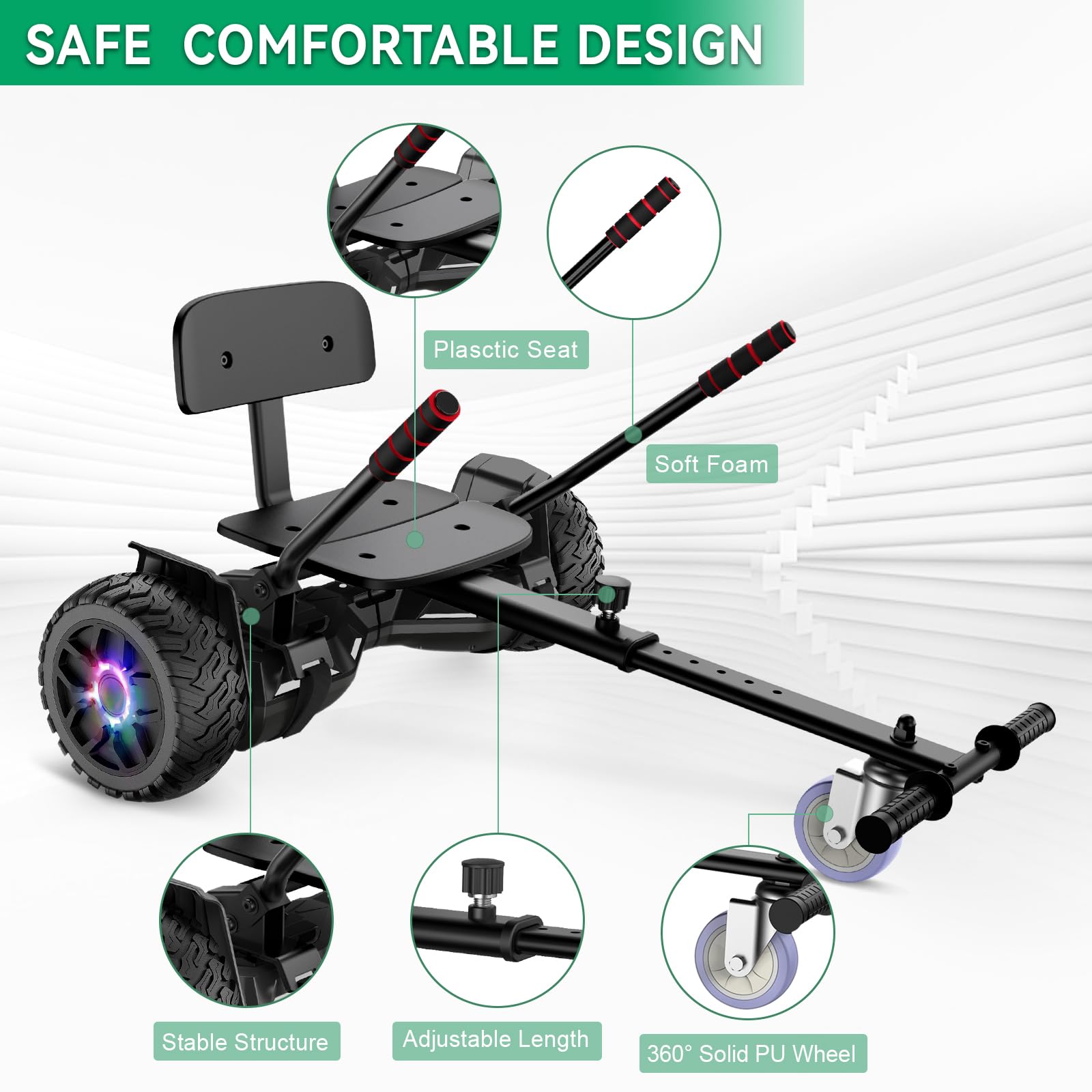 SISIGAD Hoverboard with Seat Attachment - 8.5'' Self Balancing Scooter Go Kart, Bluetooth & LED Lights (Silver+Black) - Perfect for Kids & Adults, Indoor & Outdoor Riding Fun