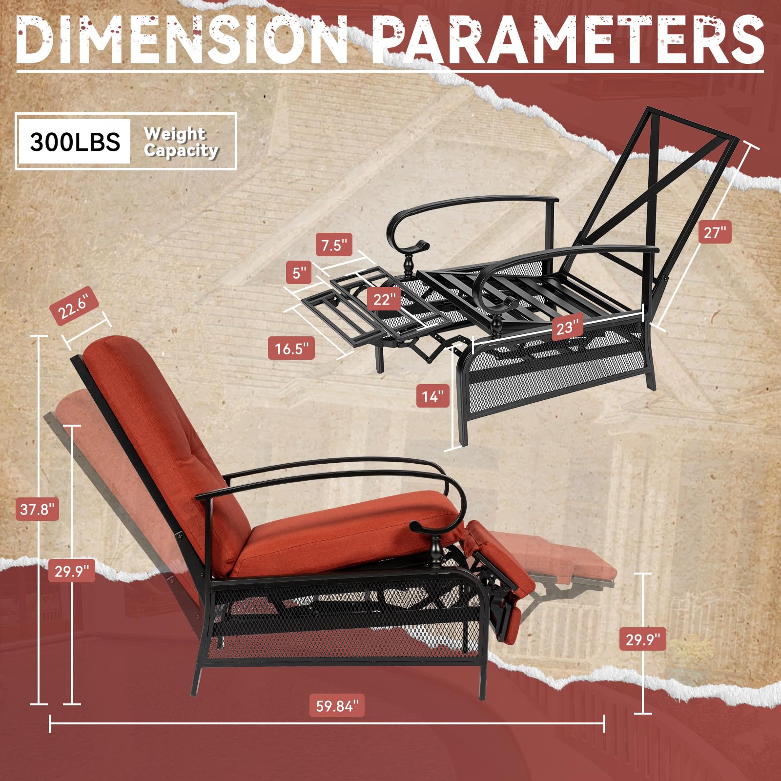 SOLAURA Outdoor Recliner Chair - Adjustable Backrest Lounge Chair with Black Metal Frame & Removable Cushions - Patio, Backyard, Poolside, Garden Furniture - Perfect for Sunbathing, Relaxing & Outdoor Lounging (Red)