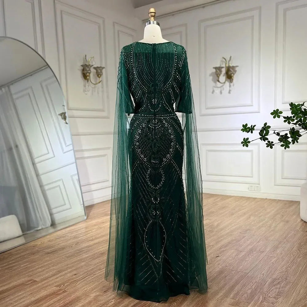 Elegant Dubai Arabic Green Mermaid Evening Dress with Beaded Cape Sleeves - Women's Luxury Party Gown for Special Occasions, Weddings & Red Carpet Events LA72562