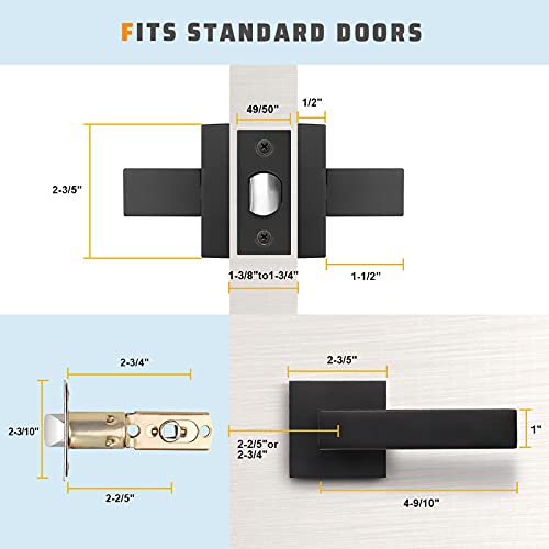 KNOBWELL 4 Pack Modern Square Door Handles - Matte Black Interior Passage Door Knob Set (No Lock/Key) - Perfect for Bedrooms, Bathrooms & Closets