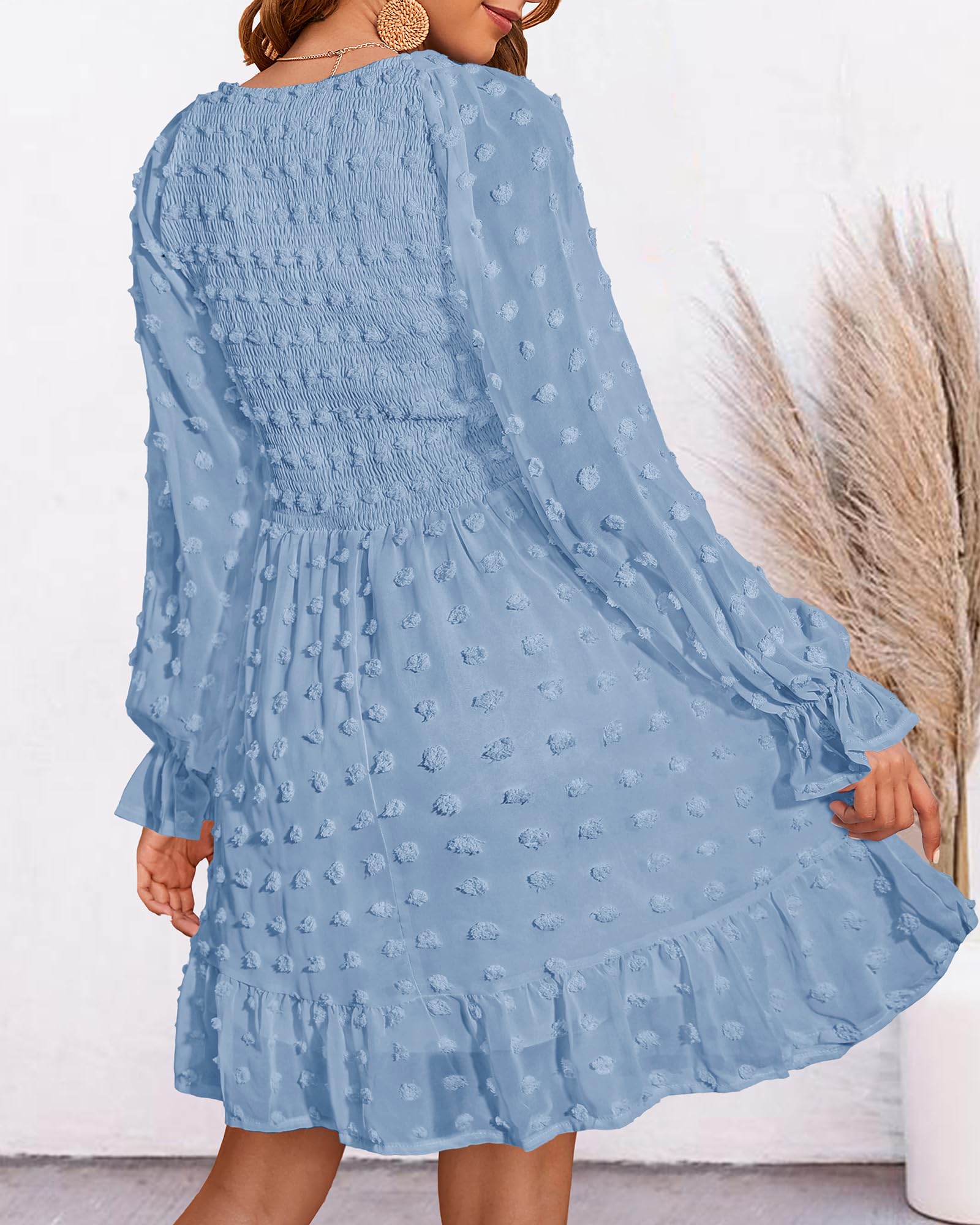 BTFBM Women's Smocked Short Dress - V Neck Long Sleeve Swiss Dot Ruffle Chiffon Flowy Mini Dress for Spring Summer 2025 | Casual Party, Wedding Guest, Date Night Outfit