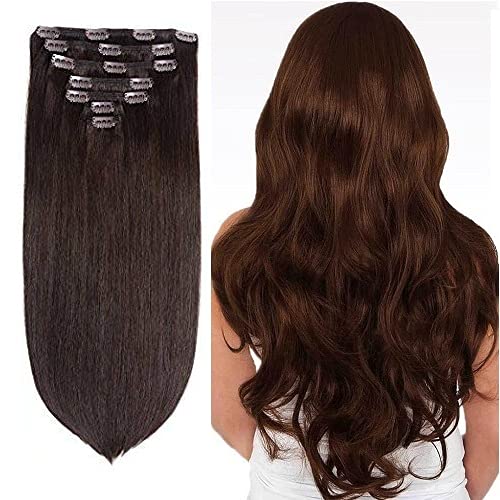 Ekan 7-Piece Real Remy Human Hair Clip-In Extensions for Volume & Length – 50g 18-Inch Dark Brown Hair Extensions for Women & Girls – Perfect for Parties, Weddings & Everyday Styling