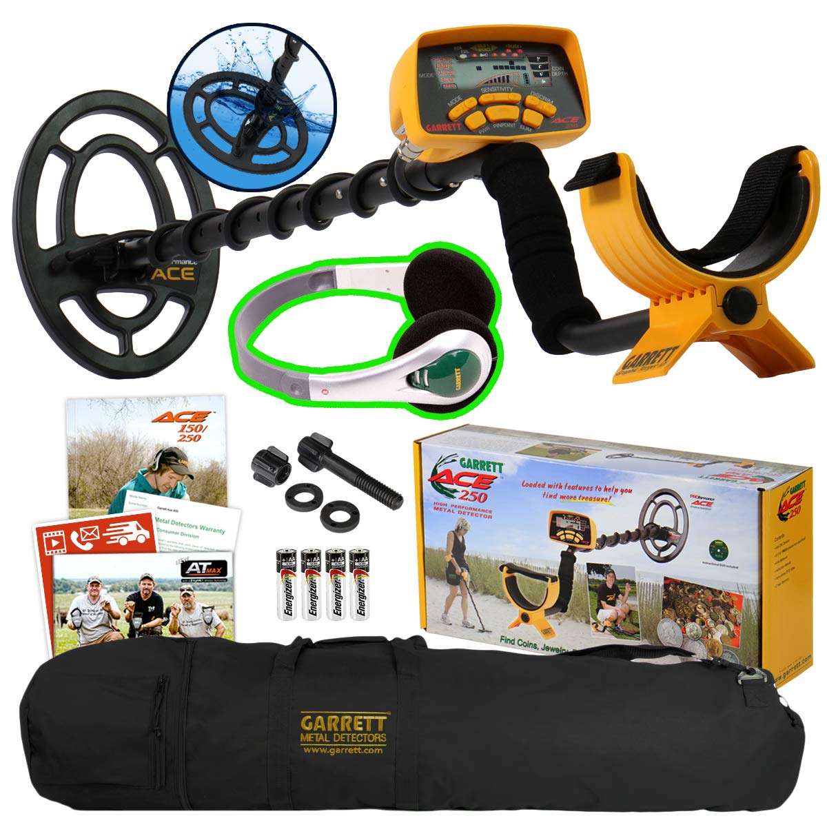 Garrett Ace 250 Metal Detector with Waterproof Coil, Adjustable Stem & LCD Display - Complete Sportsman Package Includes Carry Bag & Headphones - Perfect for Coin Shooting, Beach Hunting & Treasure Hunting Adventures