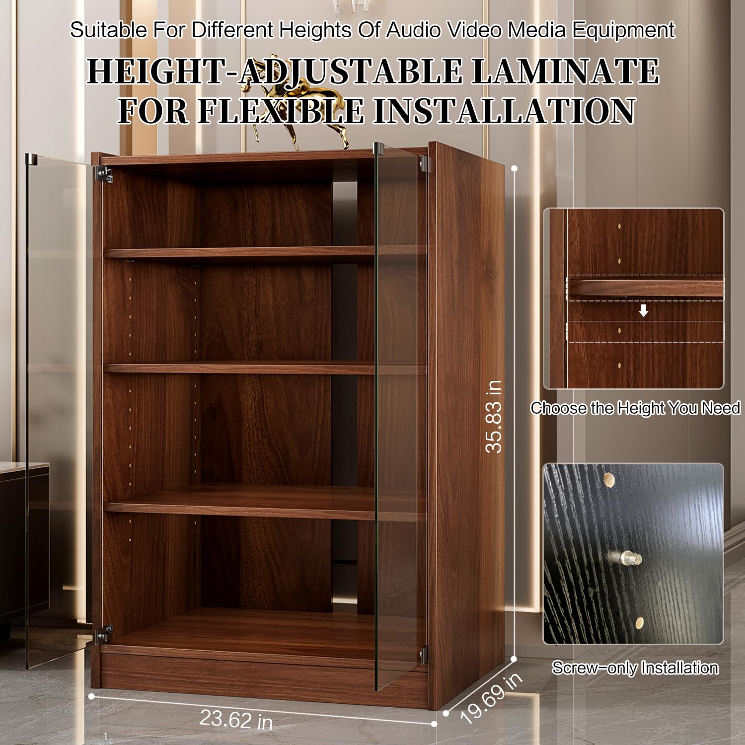4-Tier Modern TV Stand with Glass Doors - Adjustable Height AV Media Cabinet for Entertainment Center, Stereo Components & Gaming Console Storage - Perfect for Living Room, Bedroom & Home Theater (Brown)