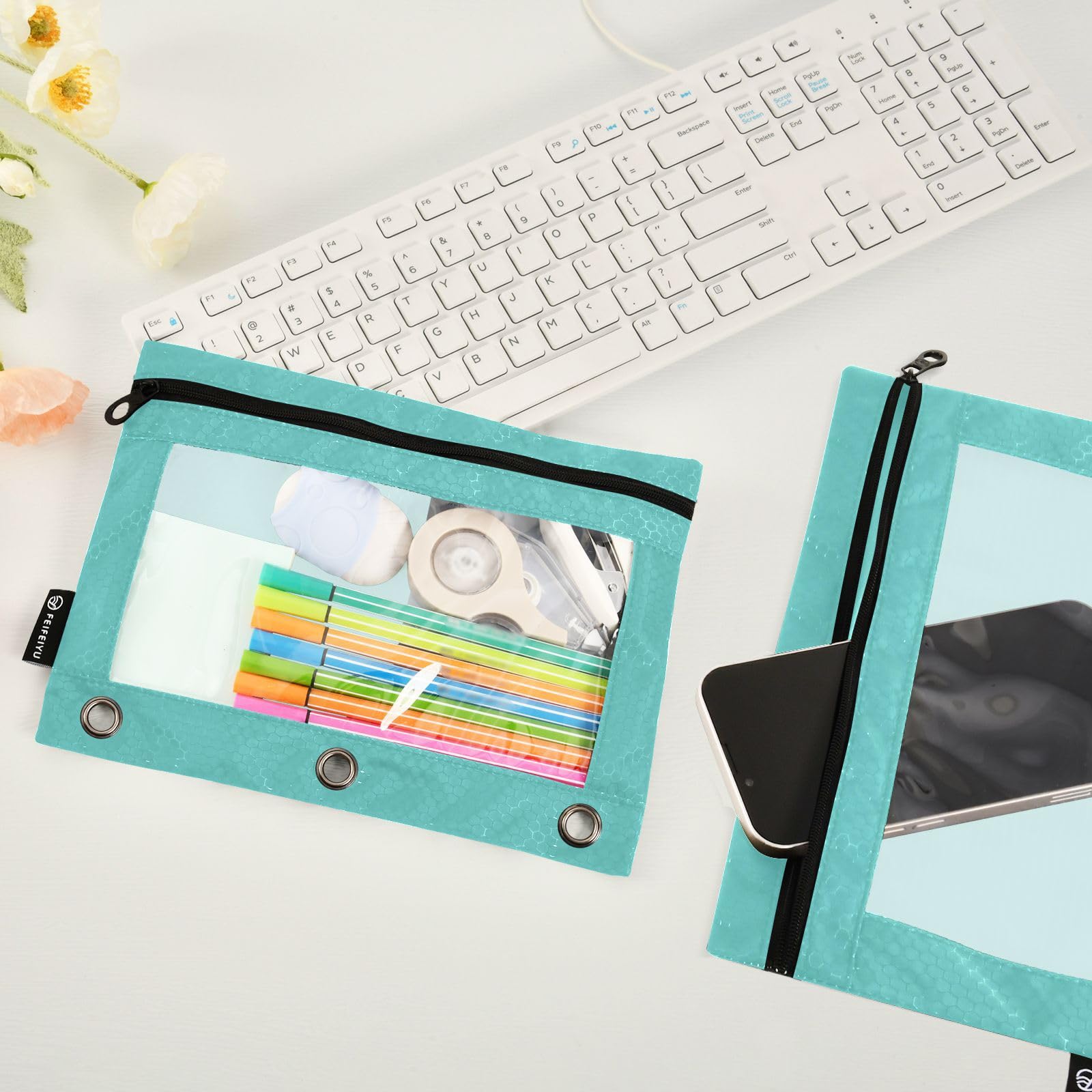 Emelivor 2-Pack Turquoise Pencil Pouch for 3-Ring Binders - Clear Window Zippered Pencil Case for School, Office & College Supplies - Perfect for Organizing Pens, Markers & Stationery