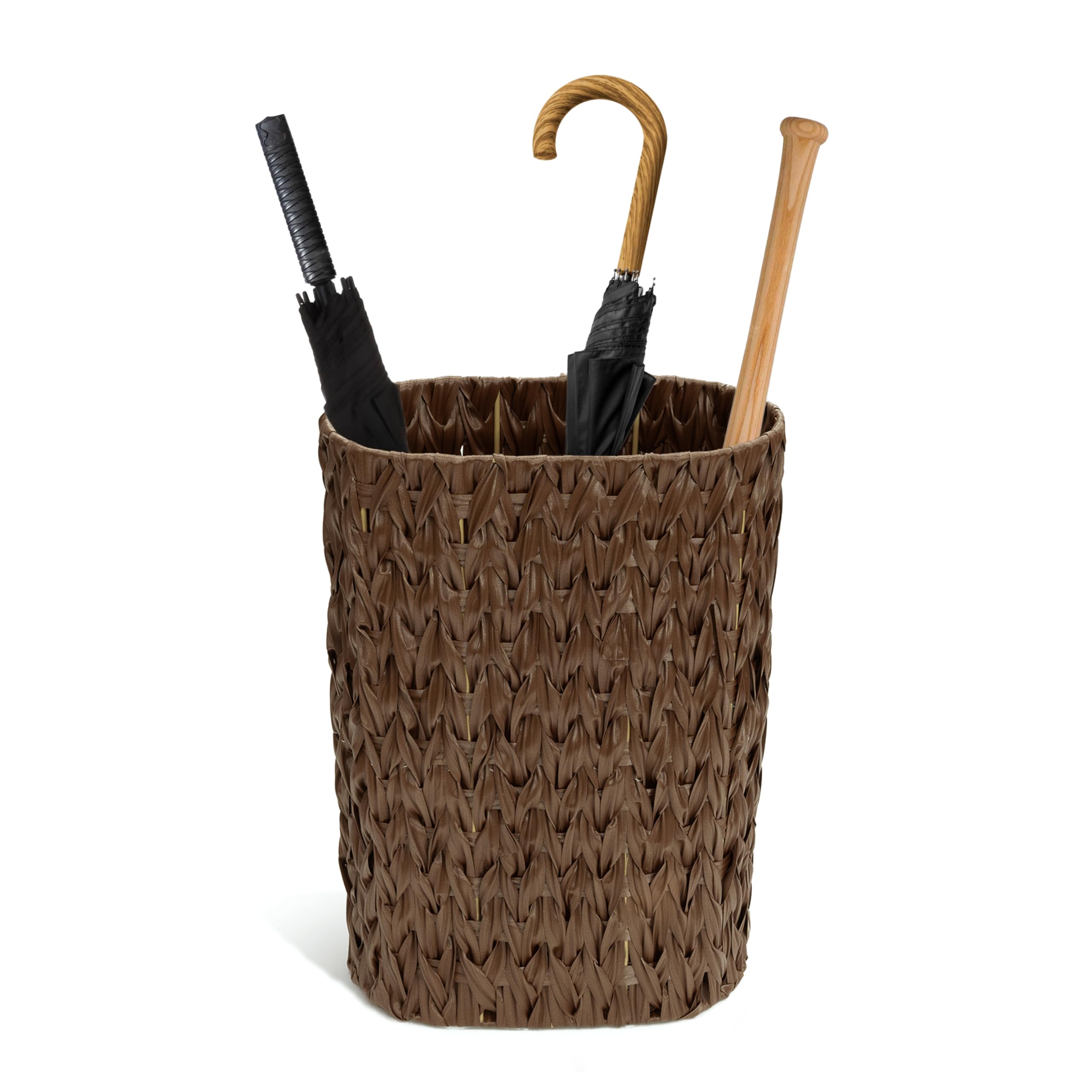 Stylish Wicker Umbrella Stand - 6.7x17.3 Inch Tall Narrow Umbrella Storage Bin for Entryway, Indoor Faux Rattan Cane Holder Basket (Brown) - Perfect for Home, Office & Restaurant Organization