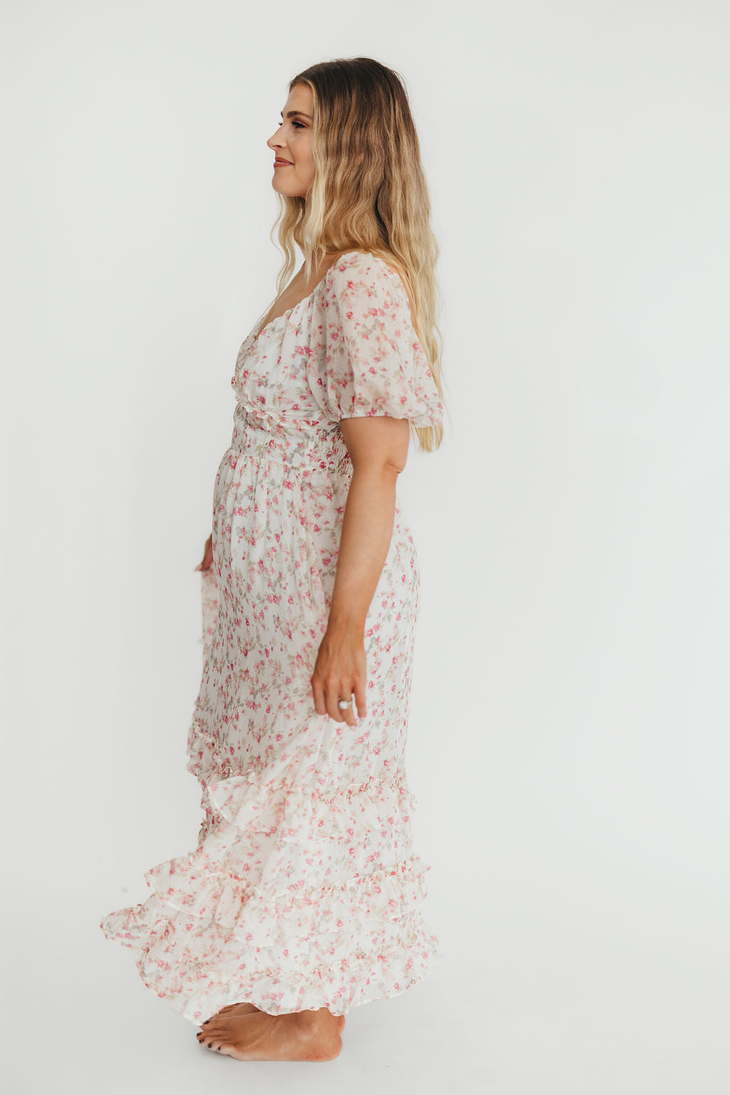 Danielle Corset Maxi Dress - White & Pink Floral Print Women's Formal Gown for Weddings, Parties & Special Occasions