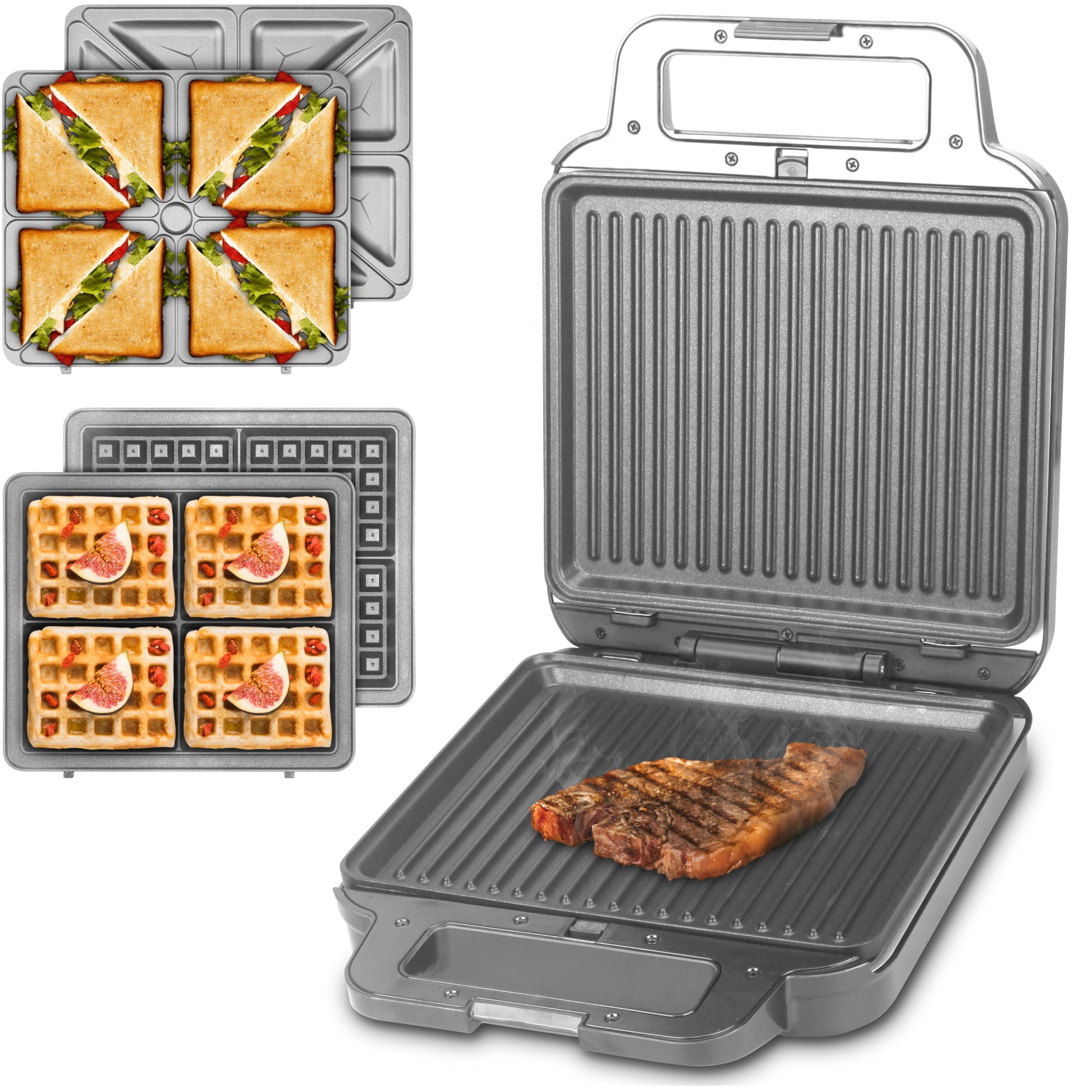 3-in-1 Electric Panini Grill Press & Sandwich Maker - Nonstick Removable Plates for Breakfast Sandwiches, Grilled Cheese & Belgian Waffles - Perfect for Home, Office & Camping Cooking