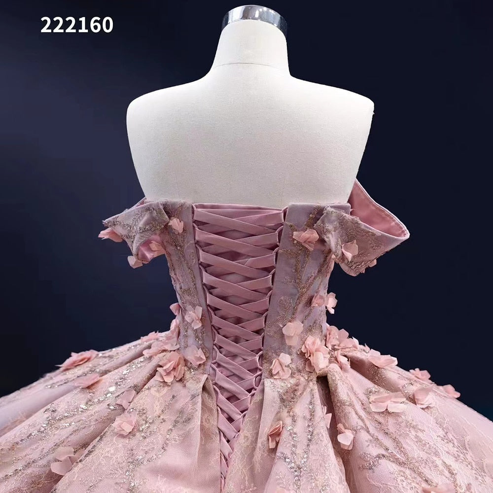 Elegant Pink Off-Shoulder Beaded Lace-Up Wedding Dress - Luxury Custom Made Bride Gown for 2025 (HM222160) | Perfect for Beach Weddings, Vow Renewals & Romantic Photoshoots