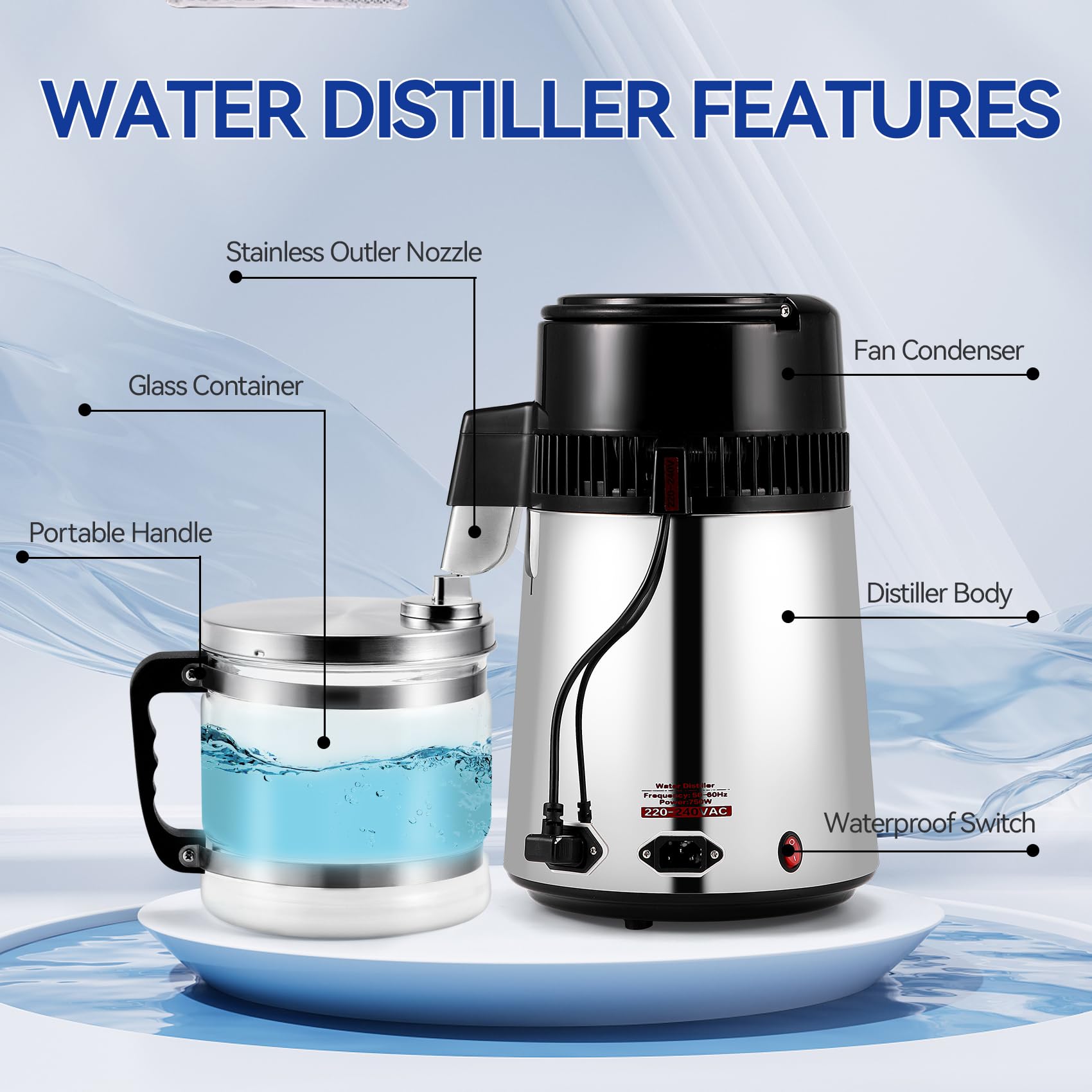 Annhua 4L 750W Stainless Steel Water Distiller with Glass Container - Pure Distilled Water Maker for Home, Lab, Office & Dental Clinic | Perfect for Drinking, Humidifiers, Medical Use & Baby Formula