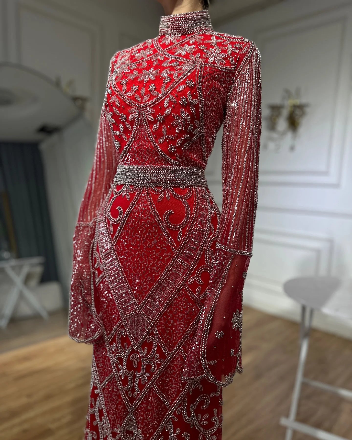 Luxury Dubai Muslim Red Mermaid Black Evening Dress with Cape Sleeves and Beaded Details for Formal Occasions - LA72316C | Elegant Islamic Abaya for Weddings, Galas & Special Events