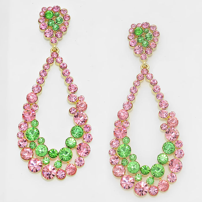 Big Pink Green Crystal Pageant Hoop Earrings 3.75 Inch - Elegant Statement Jewelry for Women - Perfect for Parties, Weddings & Special Occasions