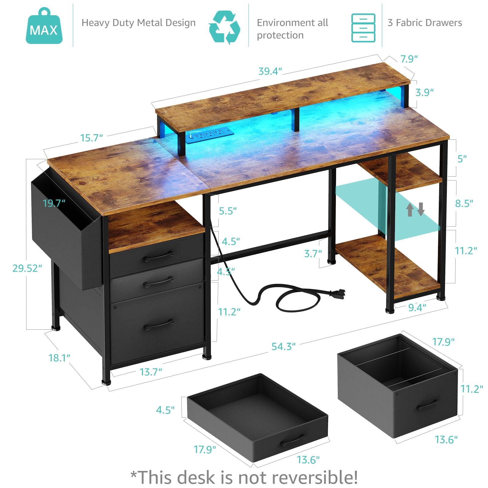 55 Inch Rustic Brown Computer Desk with Fabric File Drawers & LED Lights - Home Office Desk with Shelves, Monitor Stand & Power Outlets - Perfect for Study, Writing, Gaming & Bedroom Workspace