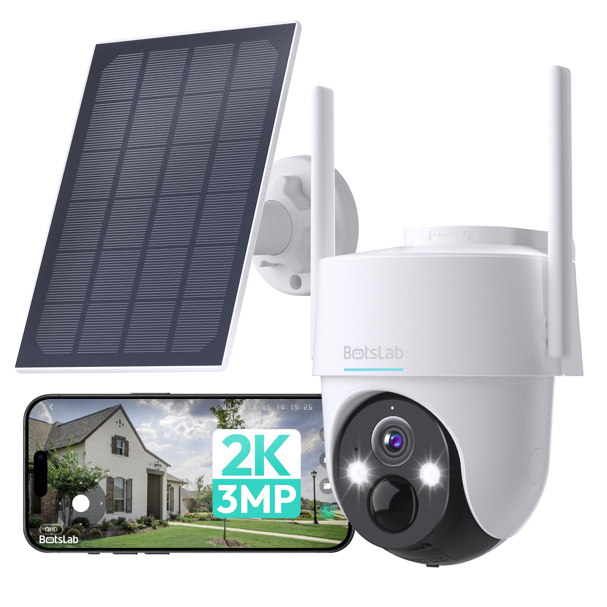 BOTSLAB 2K Solar Security Camera Wireless Outdoor - 360° PTZ Surveillance Camera with Color Night Vision, AI & PIR Motion Detection, 2-Way Audio, 2.4G WiFi, IP65, Alexa & Google Home Compatible - Ideal for Home Security, Backyard Monitoring, and Business Property Protection
