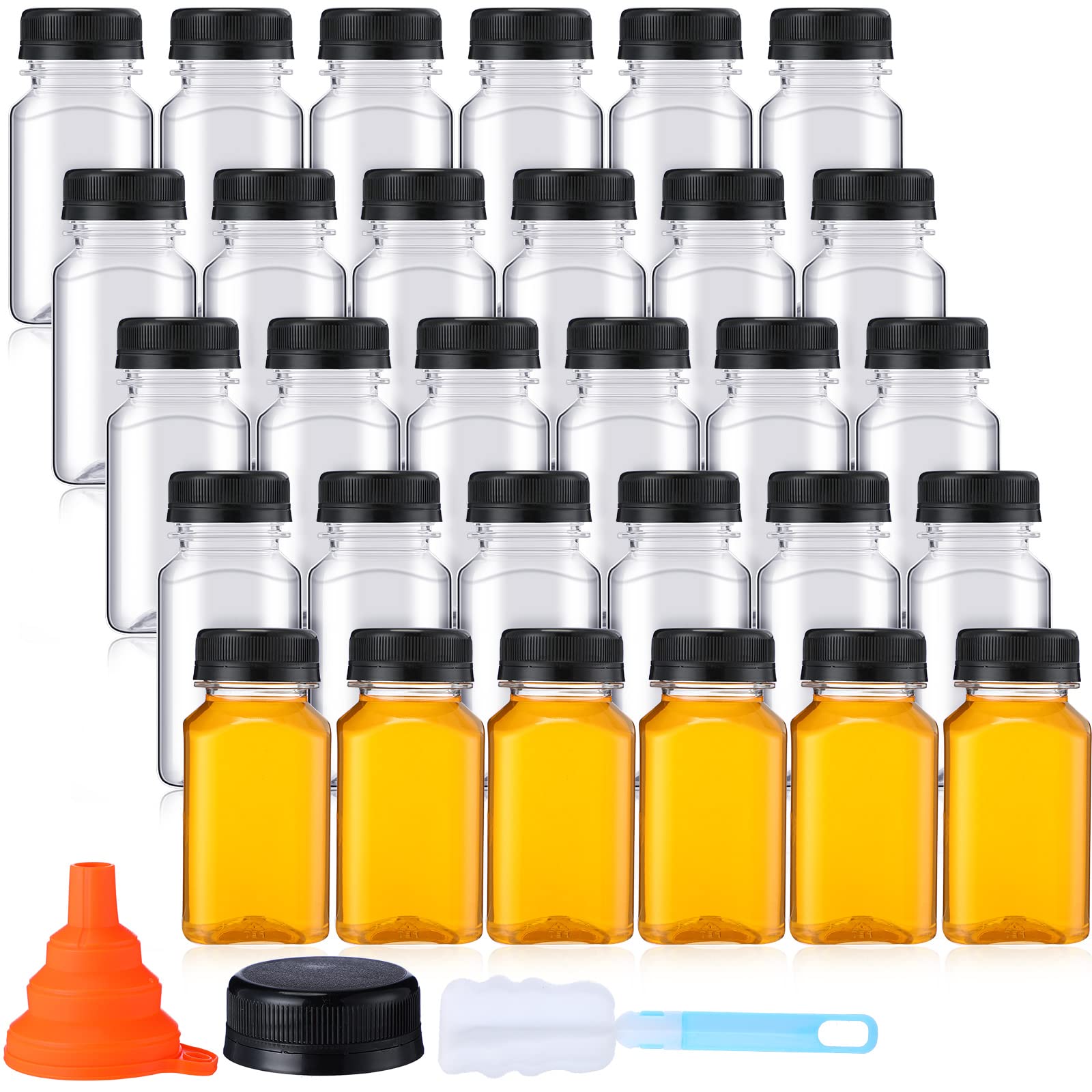 36 Pack 5 oz Plastic Juice Bottles with Lids - Reusable Clear Drink Containers for Juicing, Milk, Water & Beverages | Includes Funnel & Cleaning Brush (Black Caps) - Perfect for Home, Cafes & Meal Prep