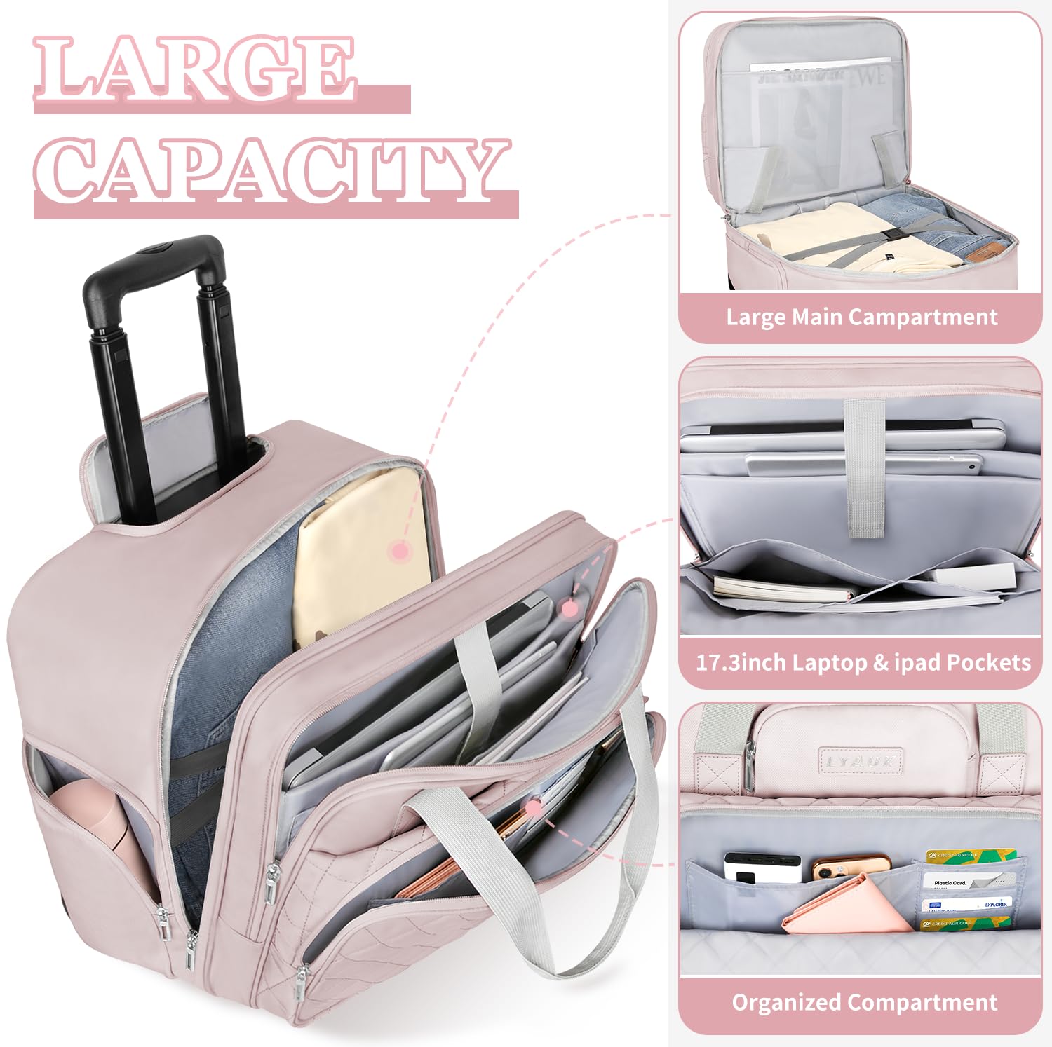 17.3 Inch Rolling Laptop Bag for Women - Anti Theft Water Resistant Rolling Briefcase with Wheels - Pink Carry On Computer Bag for Travel, Work & Business - Perfect for Airplane, Office Commute & Business Trips