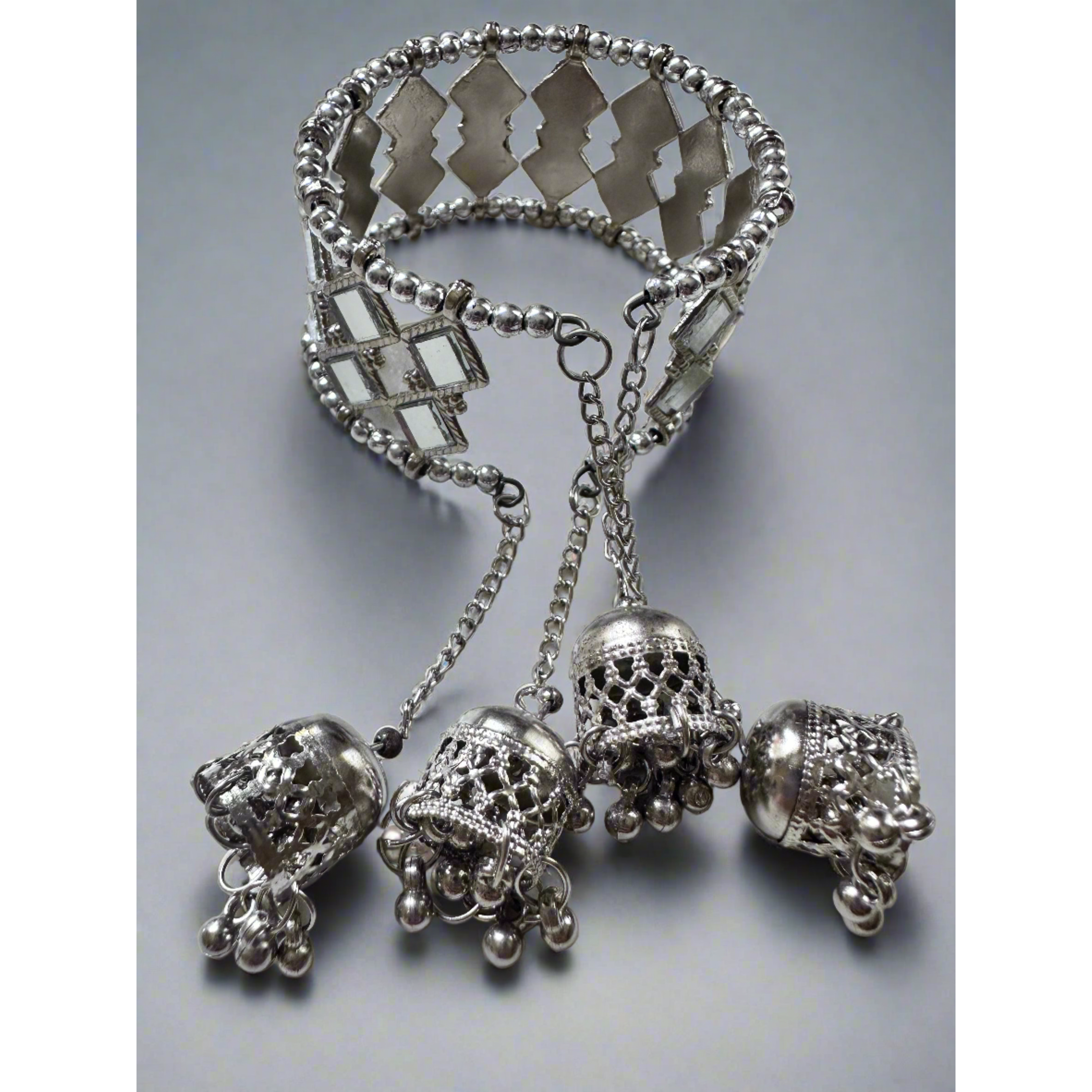 Oxidized Silver Cuff Bracelet with Jhumka Dangles - Boho Ethnic Jewelry for Women, Perfect for Festivals, Weddings & Special Occasions