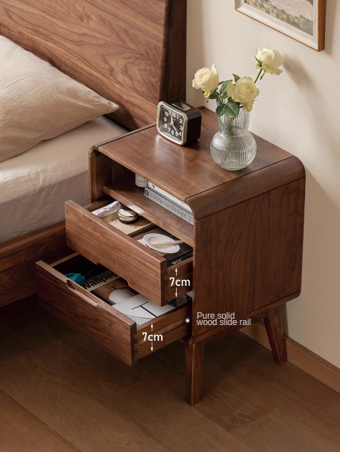 Black Walnut Solid Wood Modern Nightstand - Small Bedside Table with Storage Drawer for Bedroom, Living Room, or Office