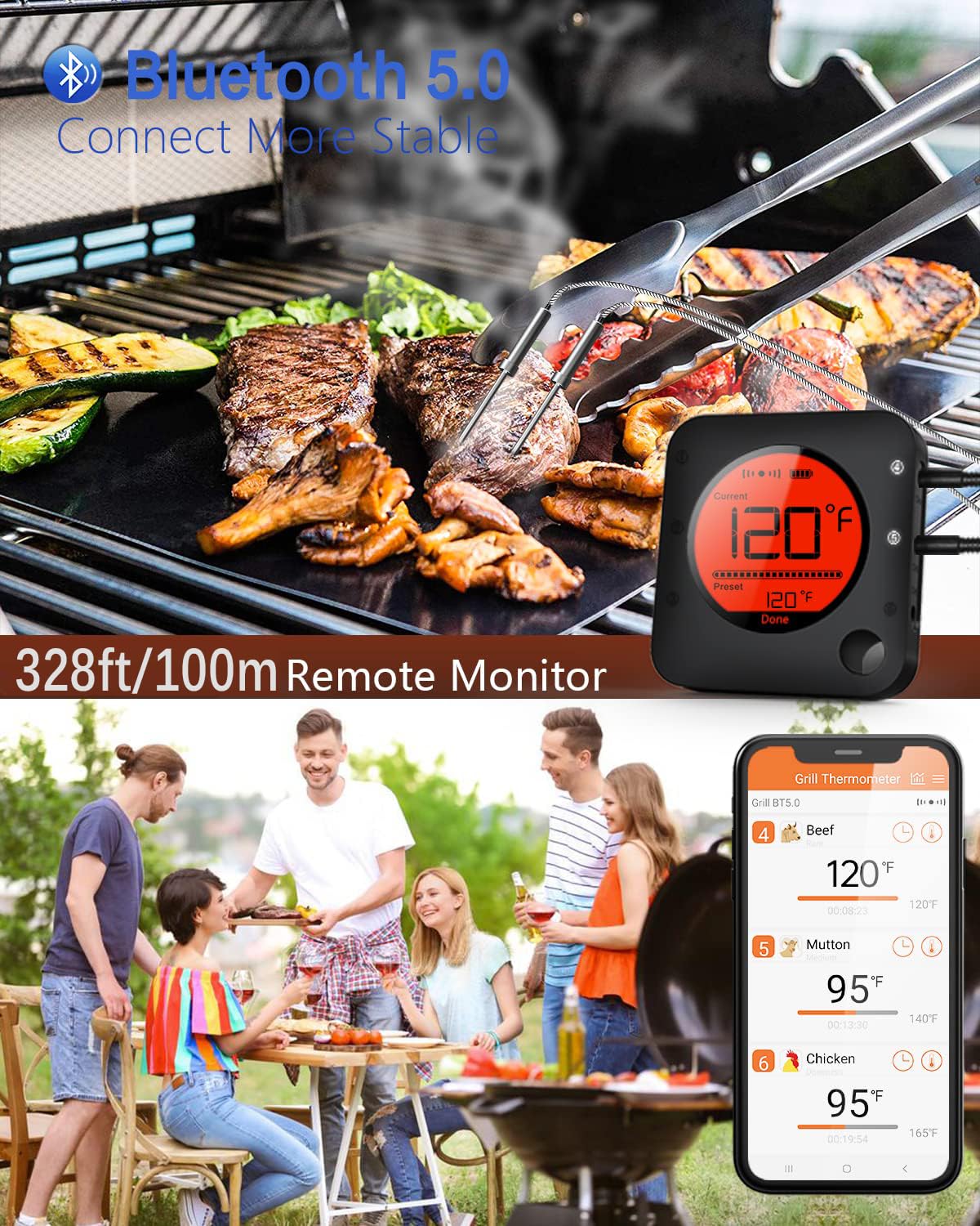 BFOUR Wireless Bluetooth Meat Thermometer with 6 Probes - Digital Grill & BBQ Thermometer for Smoker, Oven, Roasting - Large LCD Display & Long Range Connectivity - Perfect for Grilling, Smoking, Baking & Outdoor Cooking